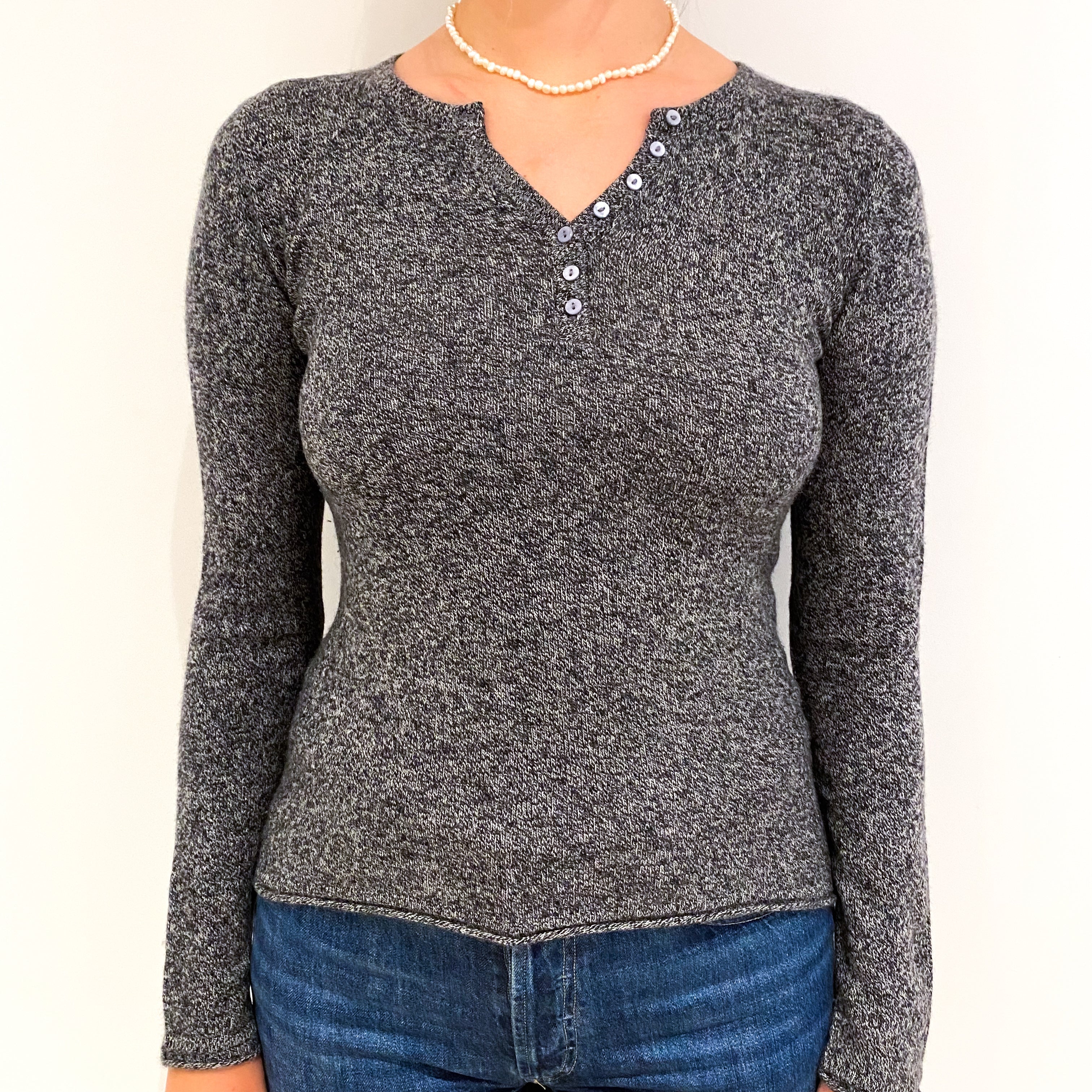 Slate Grey Marl Cashmere 1/4 Button V Neck Jumper Small