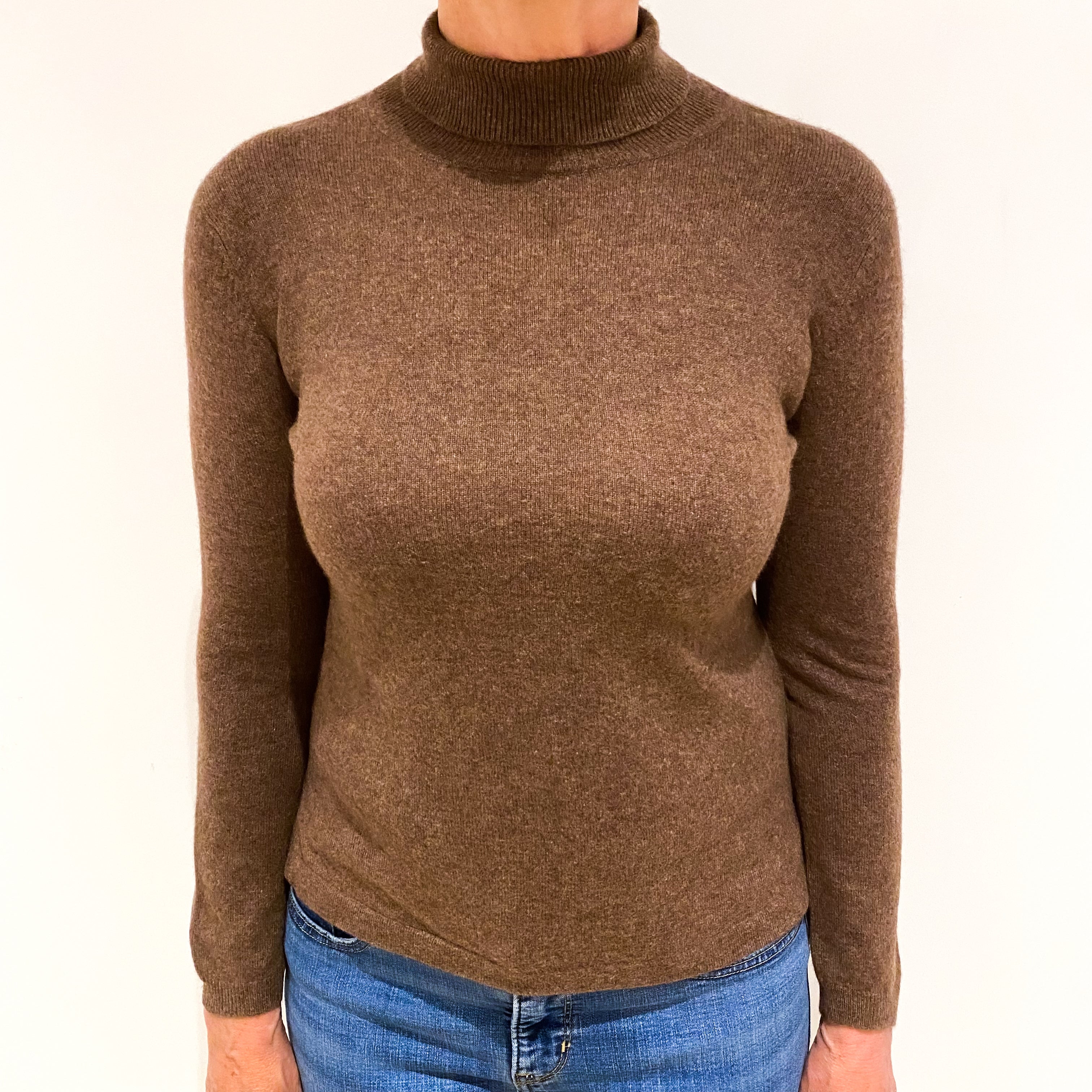 Mole Brown Cashmere Polo Neck Jumper Medium