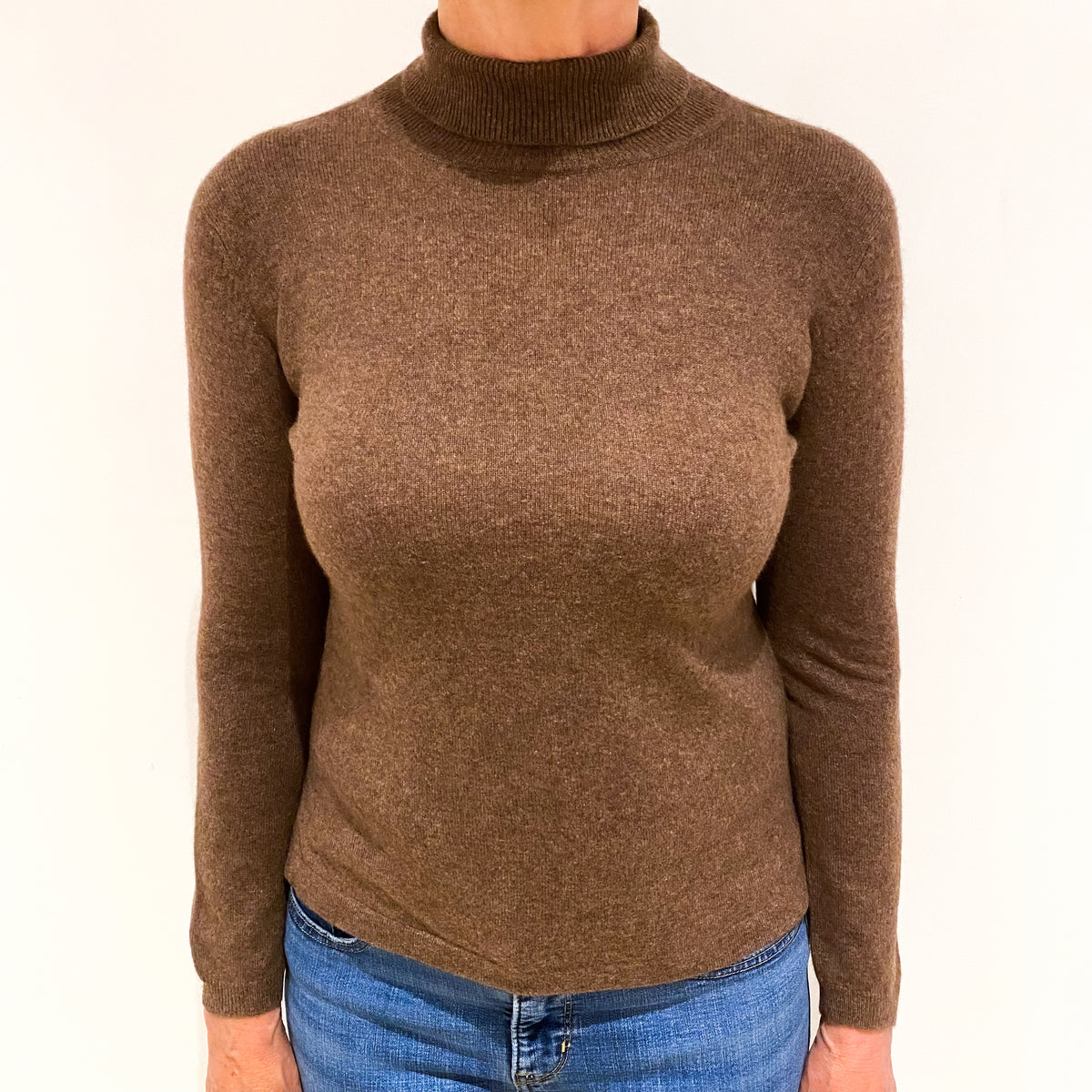 Mole Brown Cashmere Polo Neck Jumper Medium