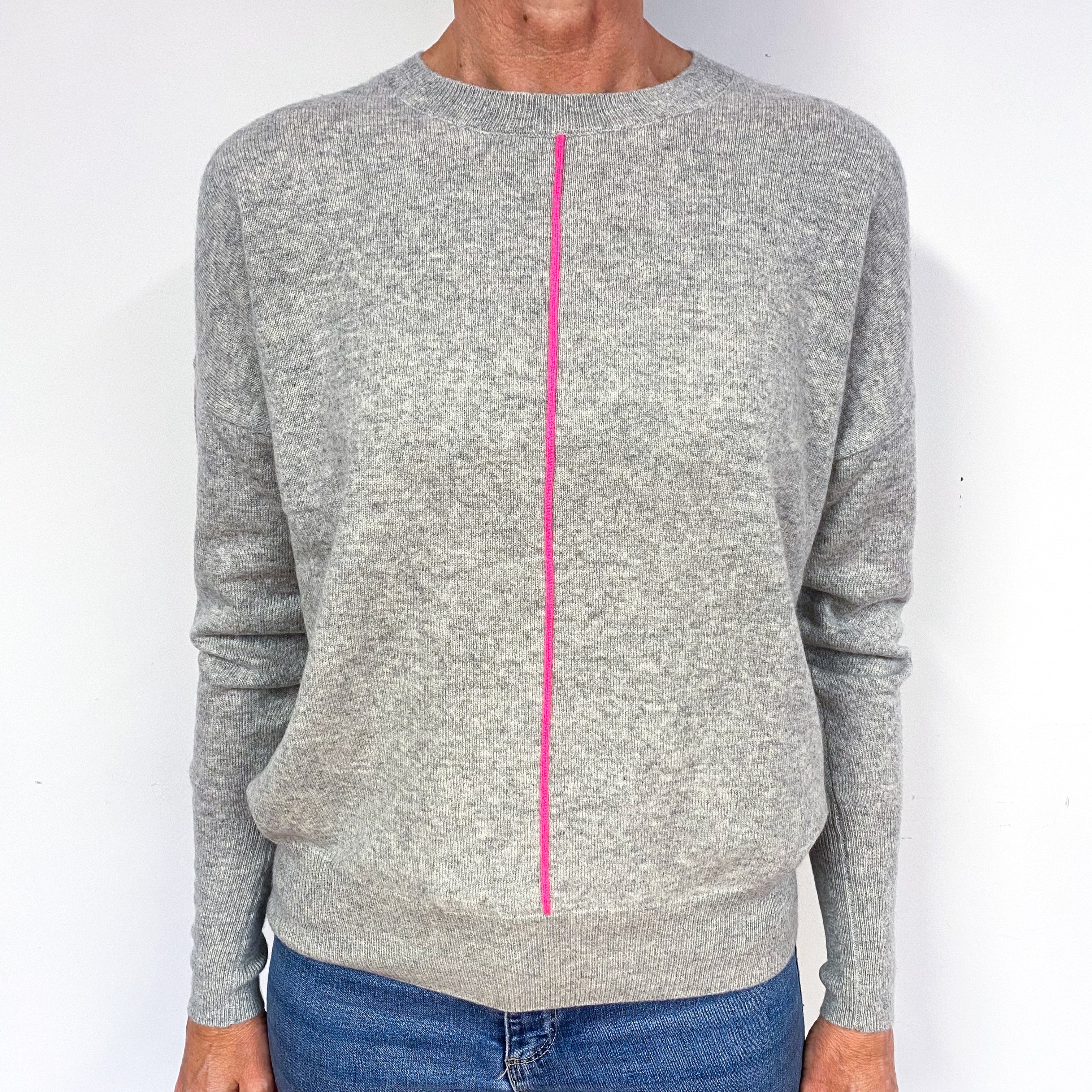 Grey Neon Pink Stripe Cashmere Crew Neck Jumper Medium