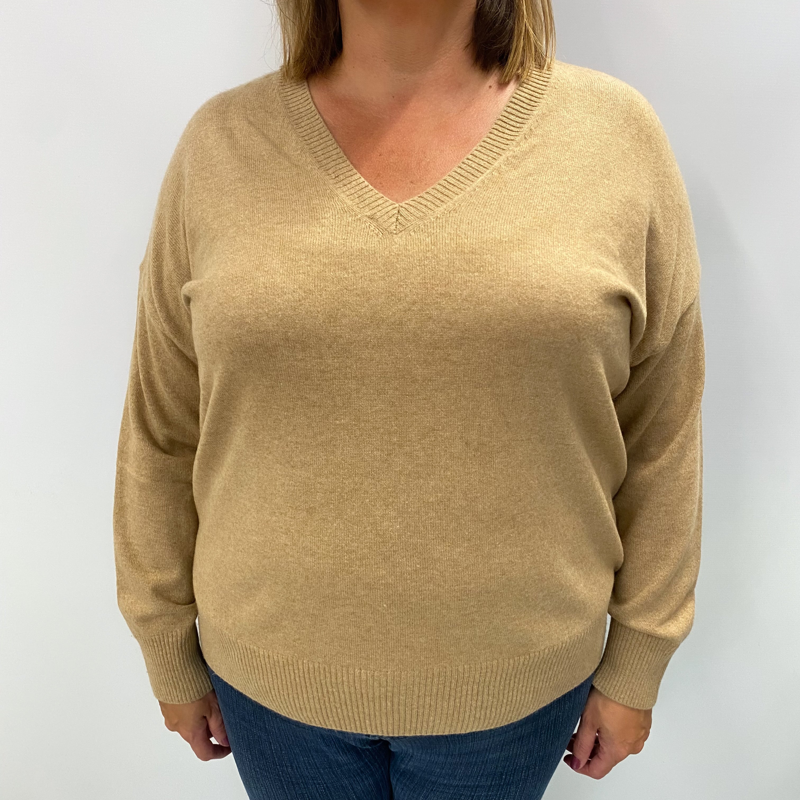Caramel Brown Cashmere V Neck Jumper Extra Large