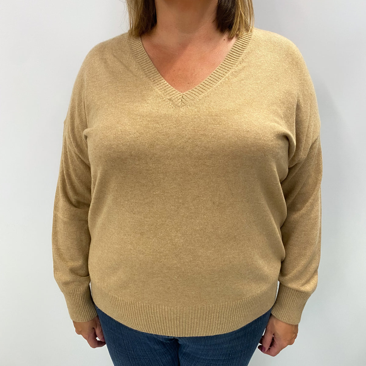 Caramel Brown Cashmere V Neck Jumper Extra Large