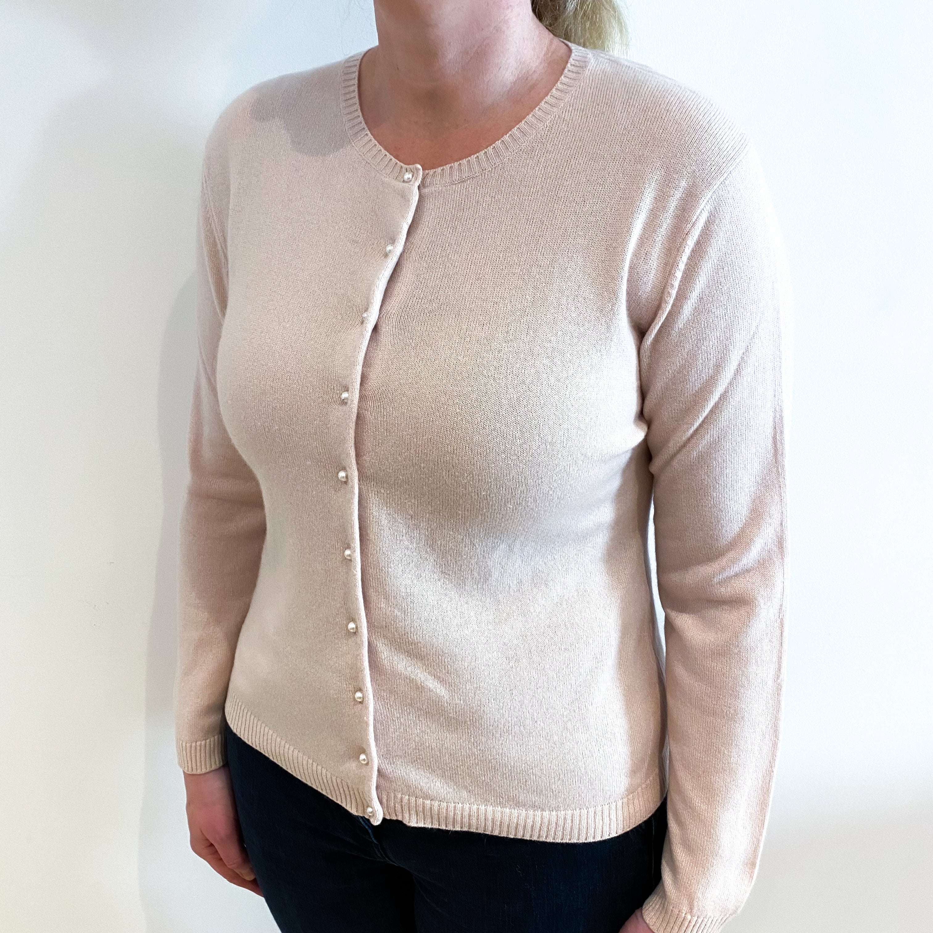 Pale Dusty Pink Cashmere Crew Neck Cardigan Large