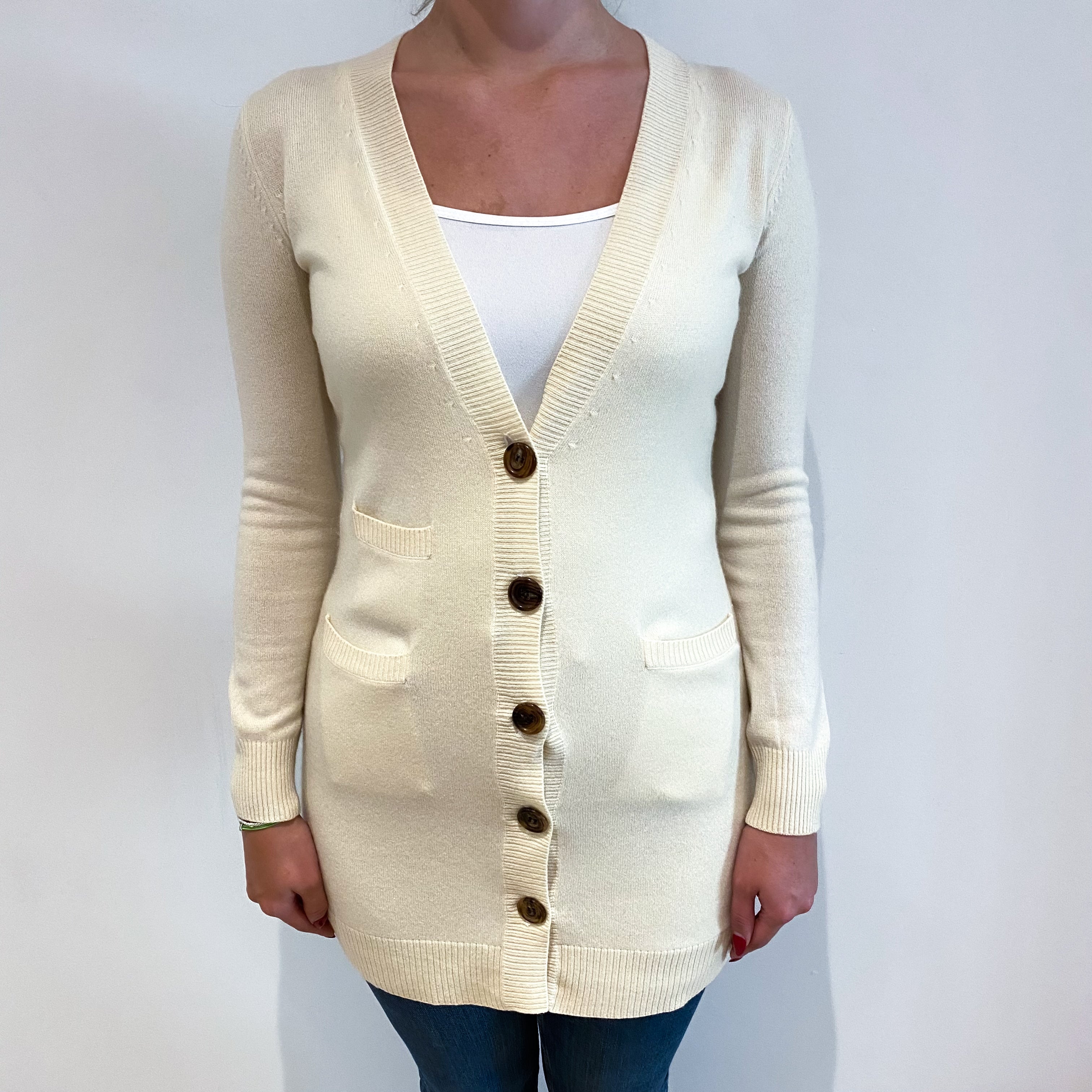 Vanilla Cream Cashmere Longline V Neck Cardigan with Pockets Small