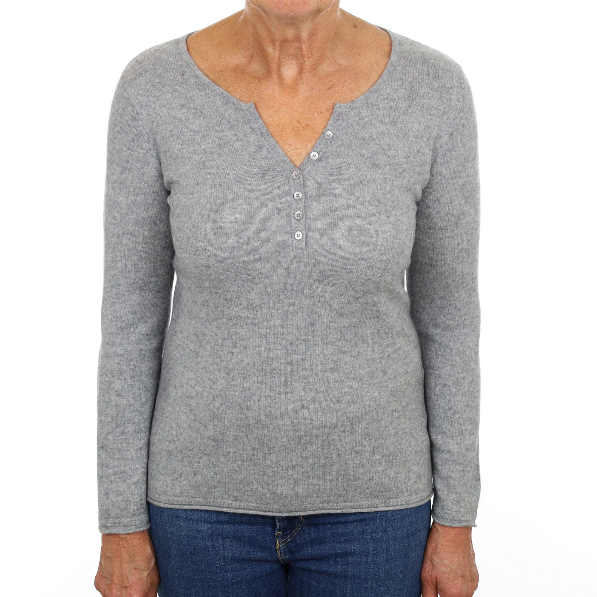 Smoke Grey Cashmere 1/4 Button V Neck Jumper Medium