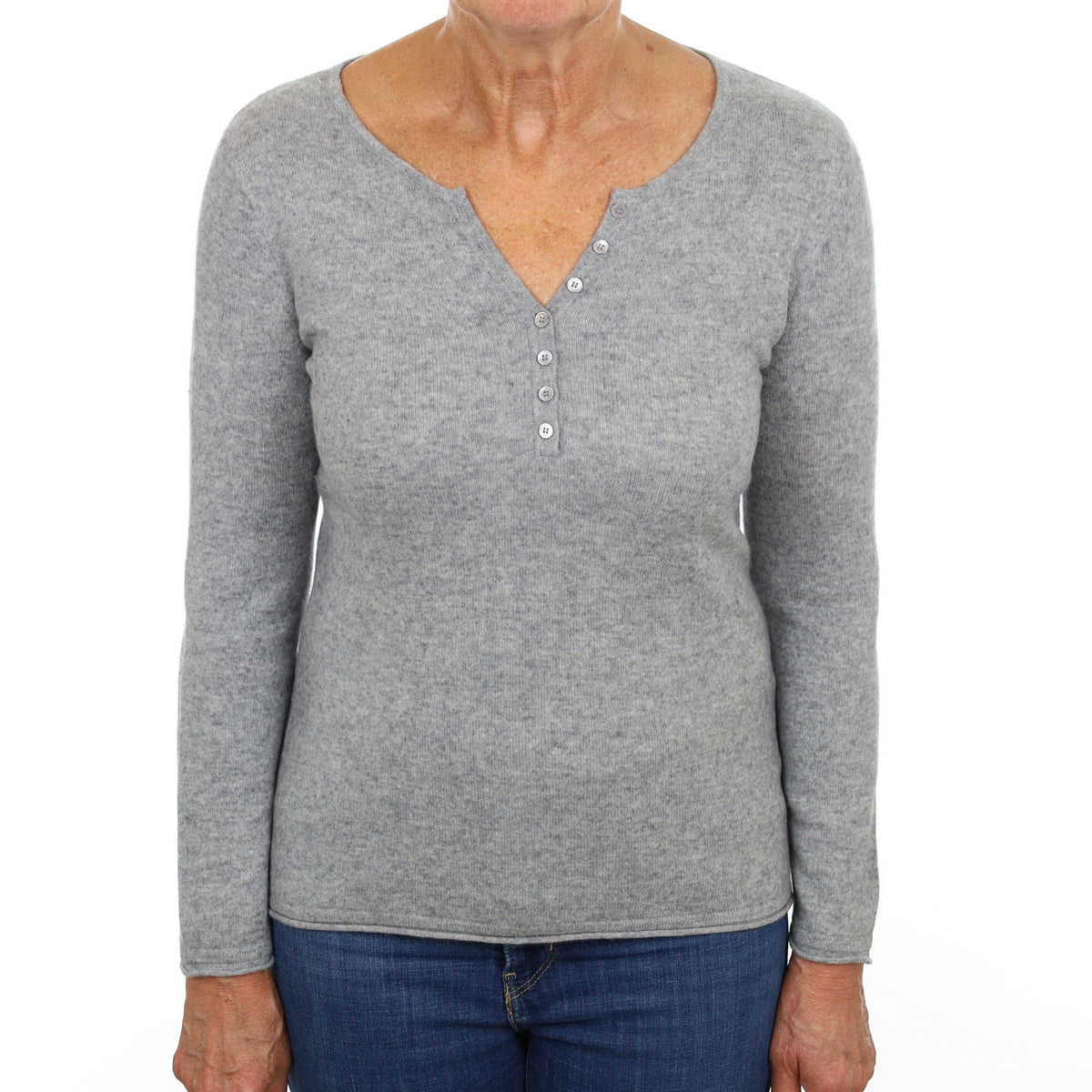 Smoke Grey Cashmere 1/4 Button V Neck Jumper Medium