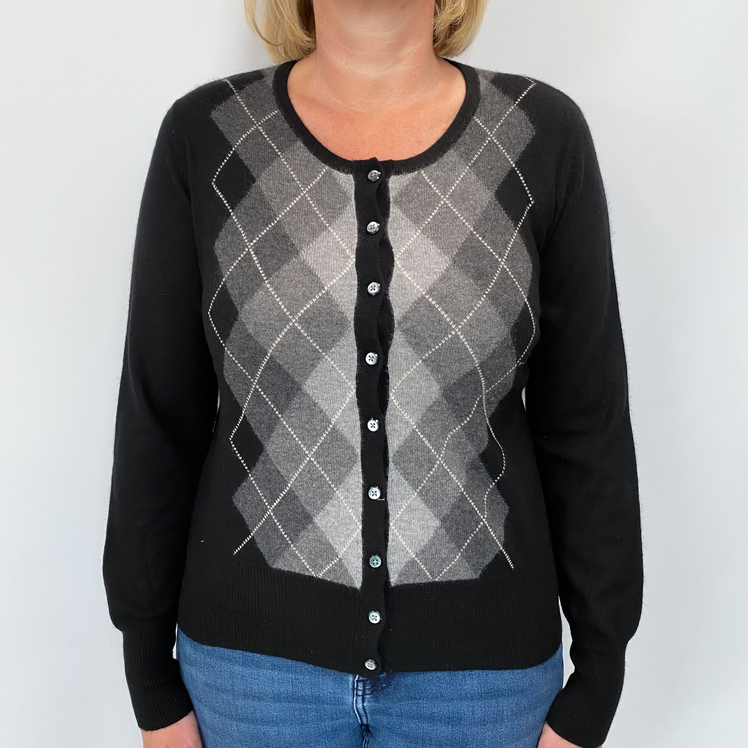 Black Grey Argyle Cashmere Crew Neck Cardigan Large