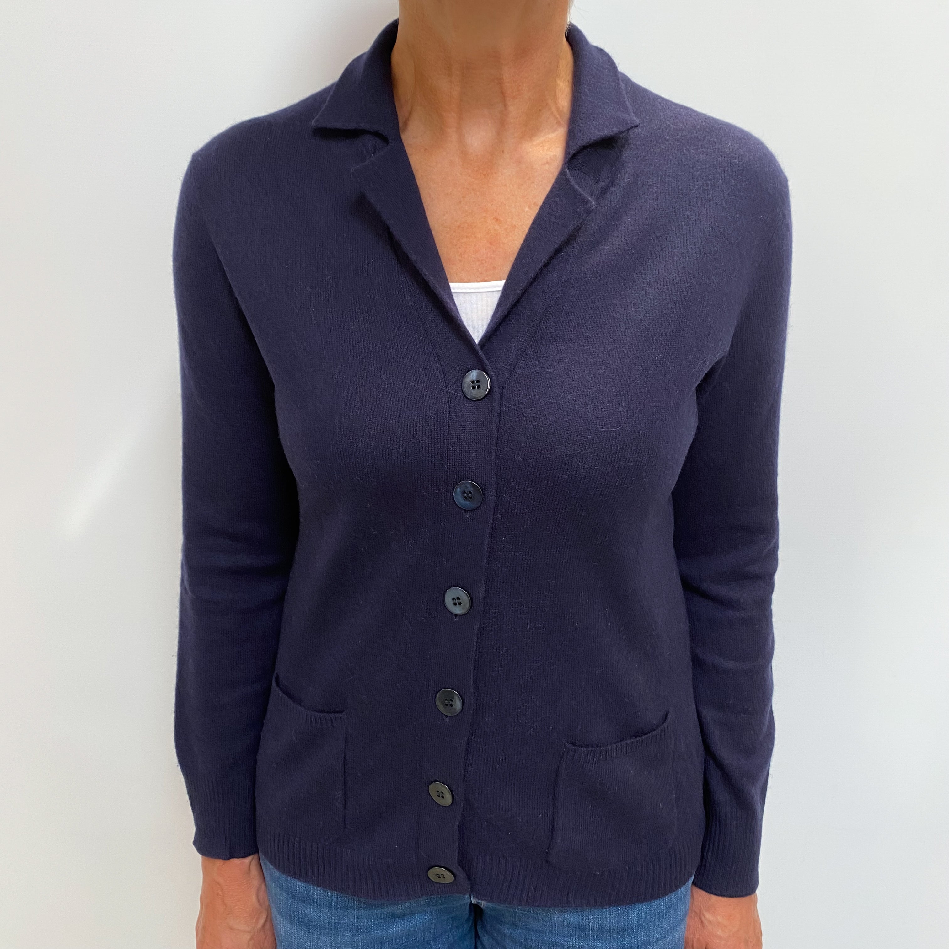 Navy Cashmere Collared V Neck Cardigan Medium