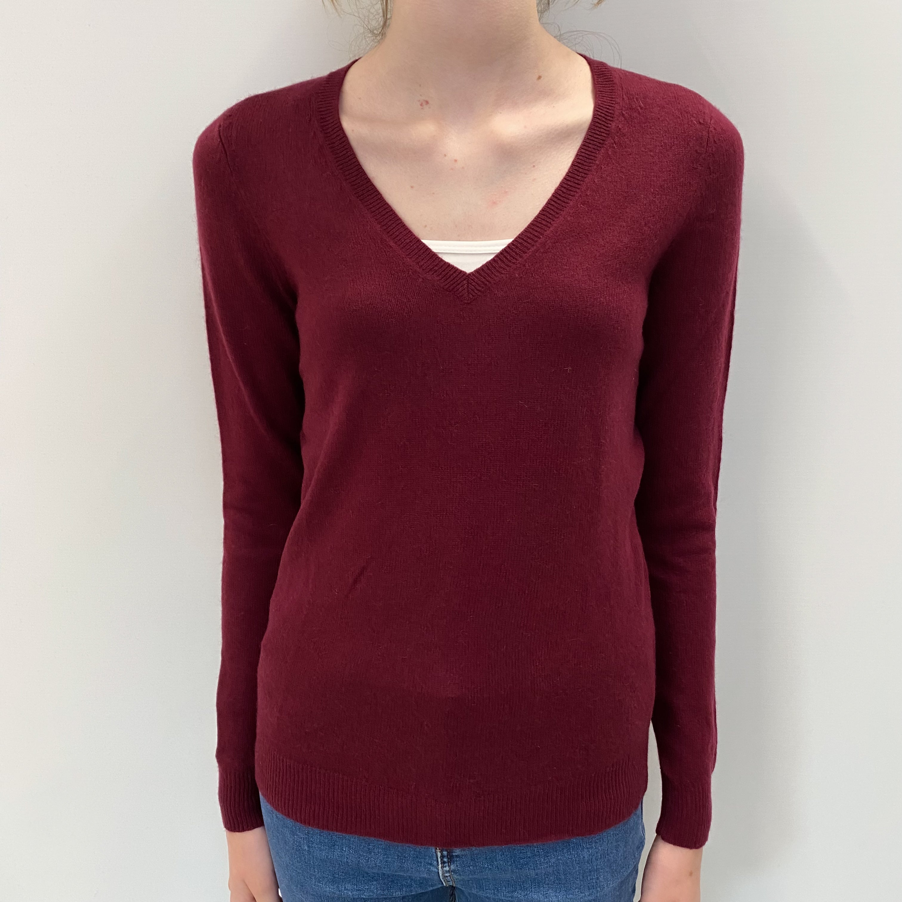 Burgundy Cashmere V Neck Jumper Extra Small
