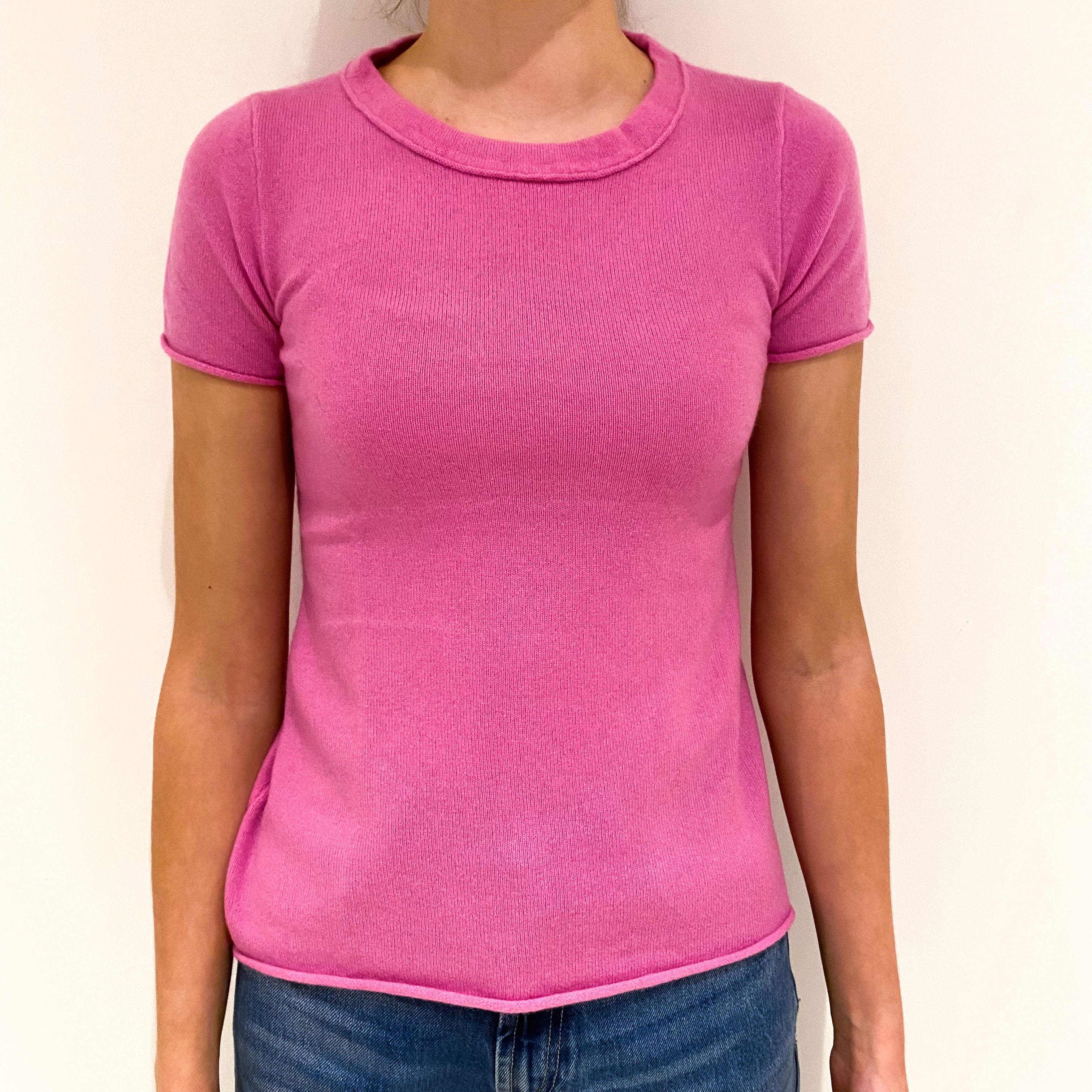 Sweet Pea Pink Cashmere Crew Neck Short Sleeved Jumper Extra Small