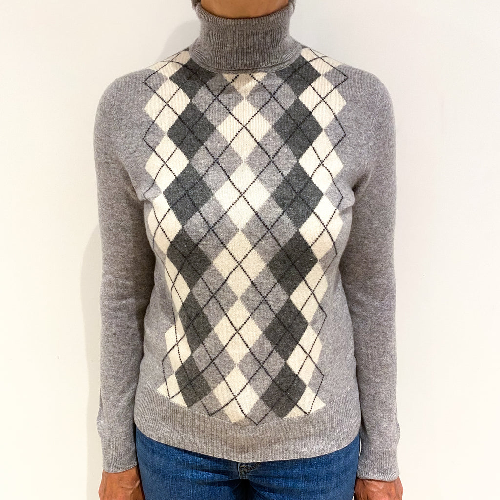 Smoke Grey Diamond Cashmere Polo Neck Jumper Medium