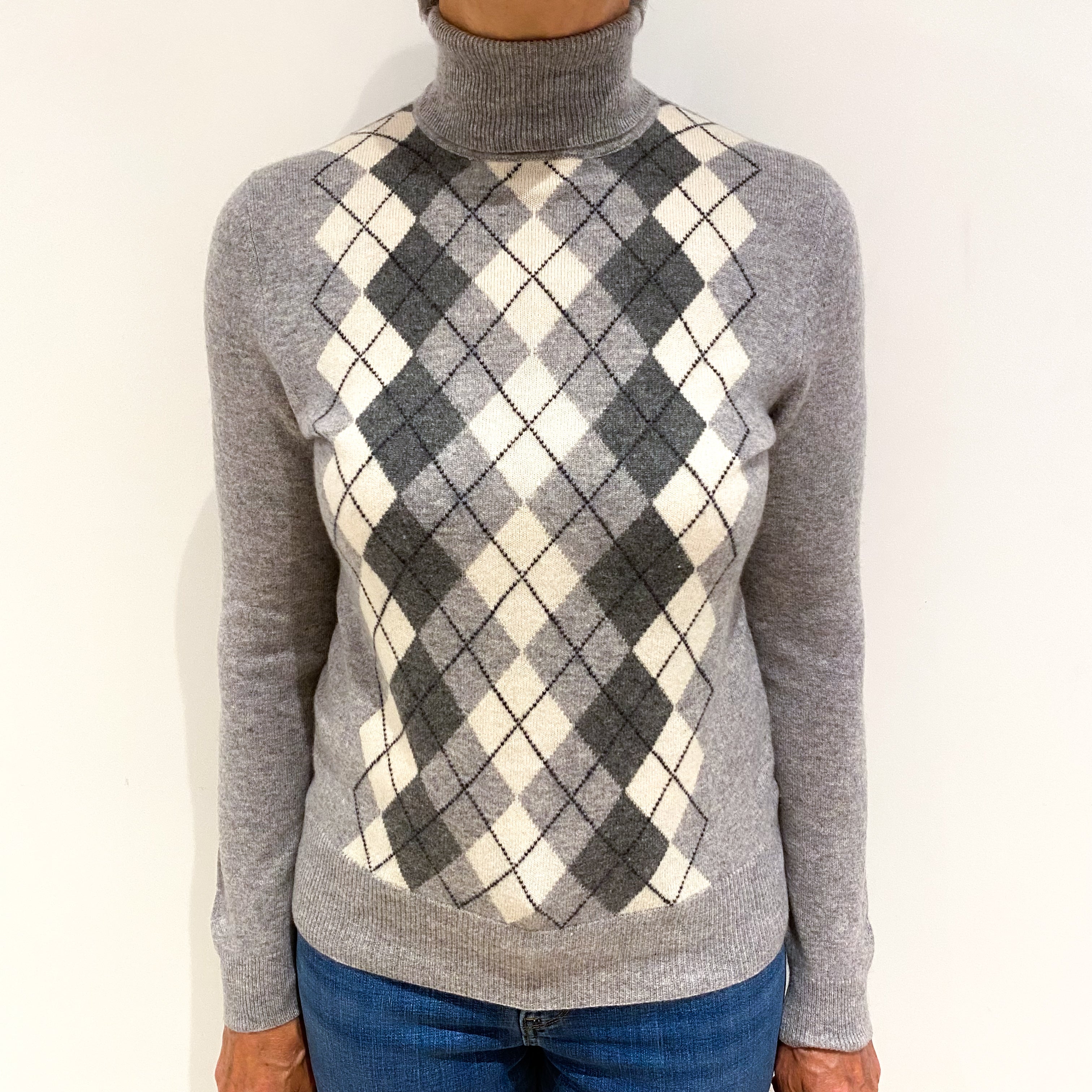 Smoke Grey Diamond Cashmere Polo Neck Jumper Medium