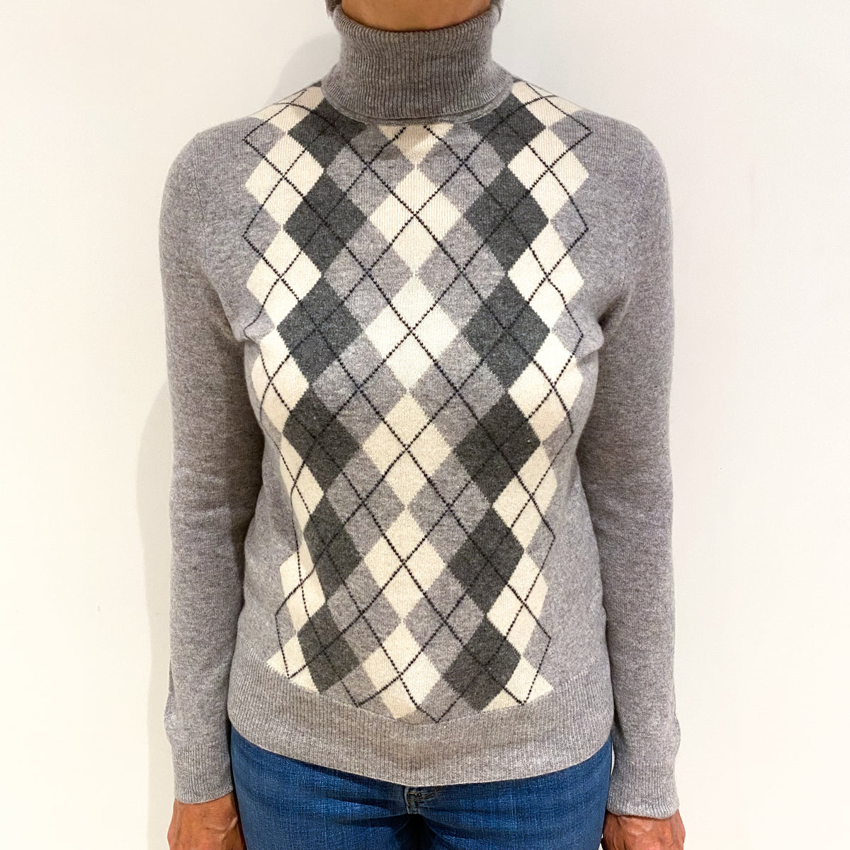 Smoke Grey Diamond Cashmere Polo Neck Jumper Medium