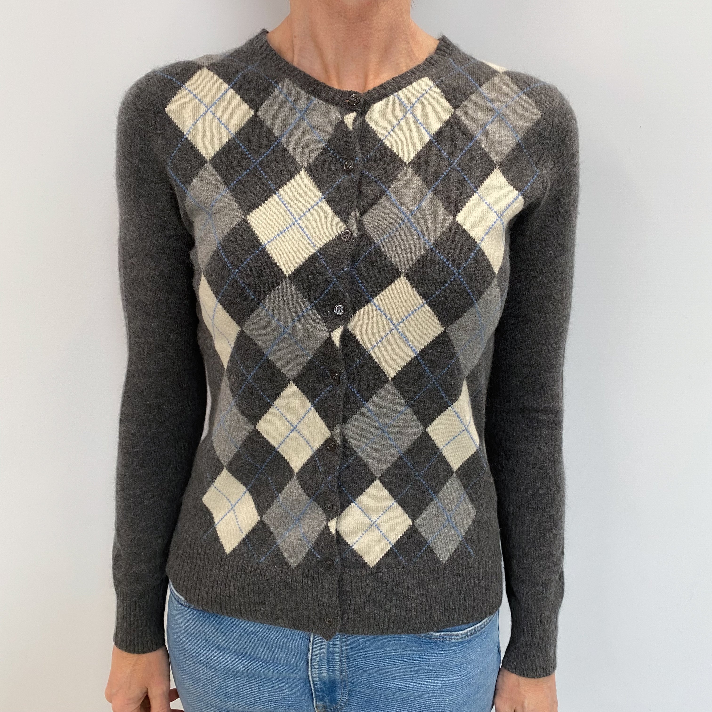 Stone Grey Argyle Cashmere Crew Neck Cardigan Small