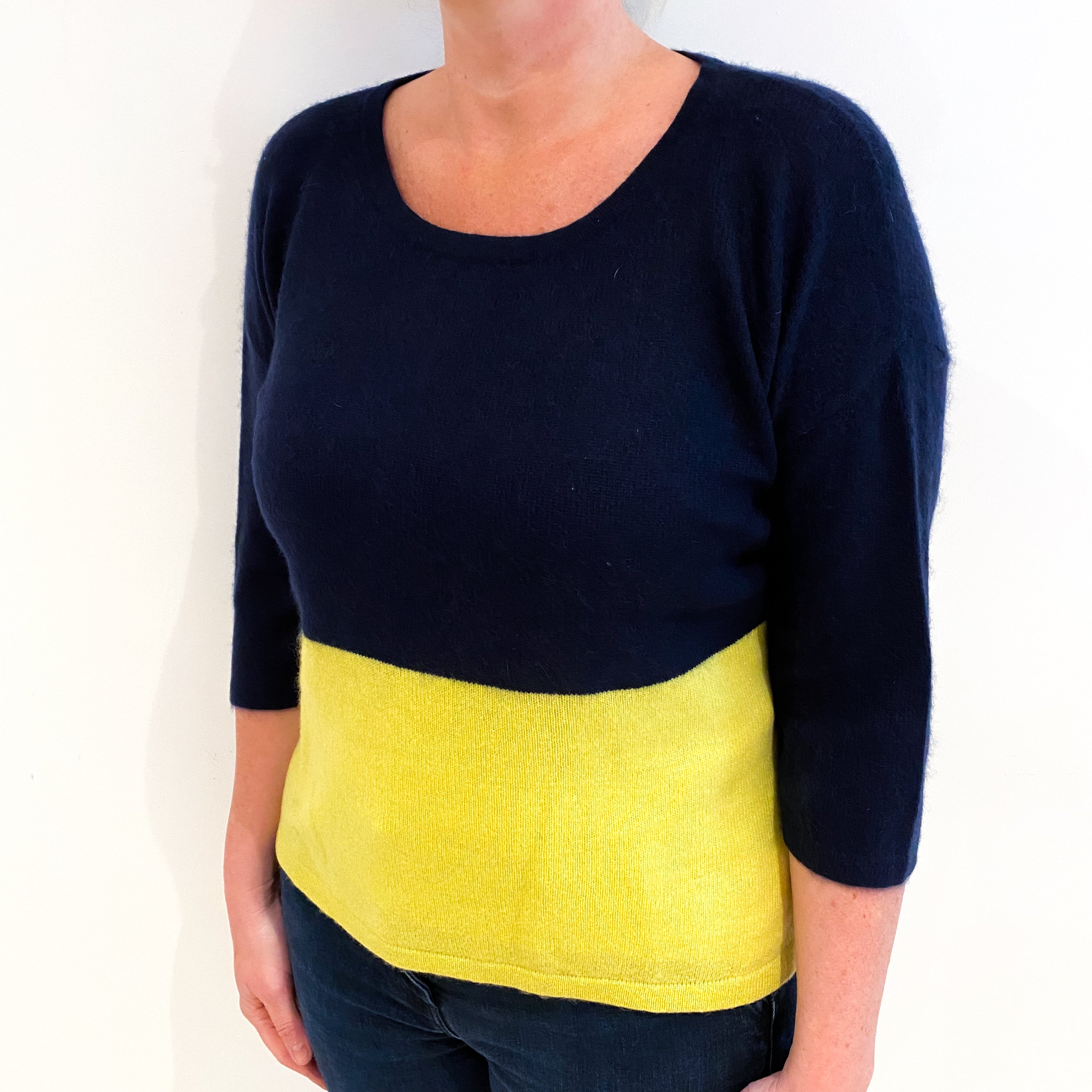 Navy And Lime Cashmere Wide Crew Neck Jumper Large
