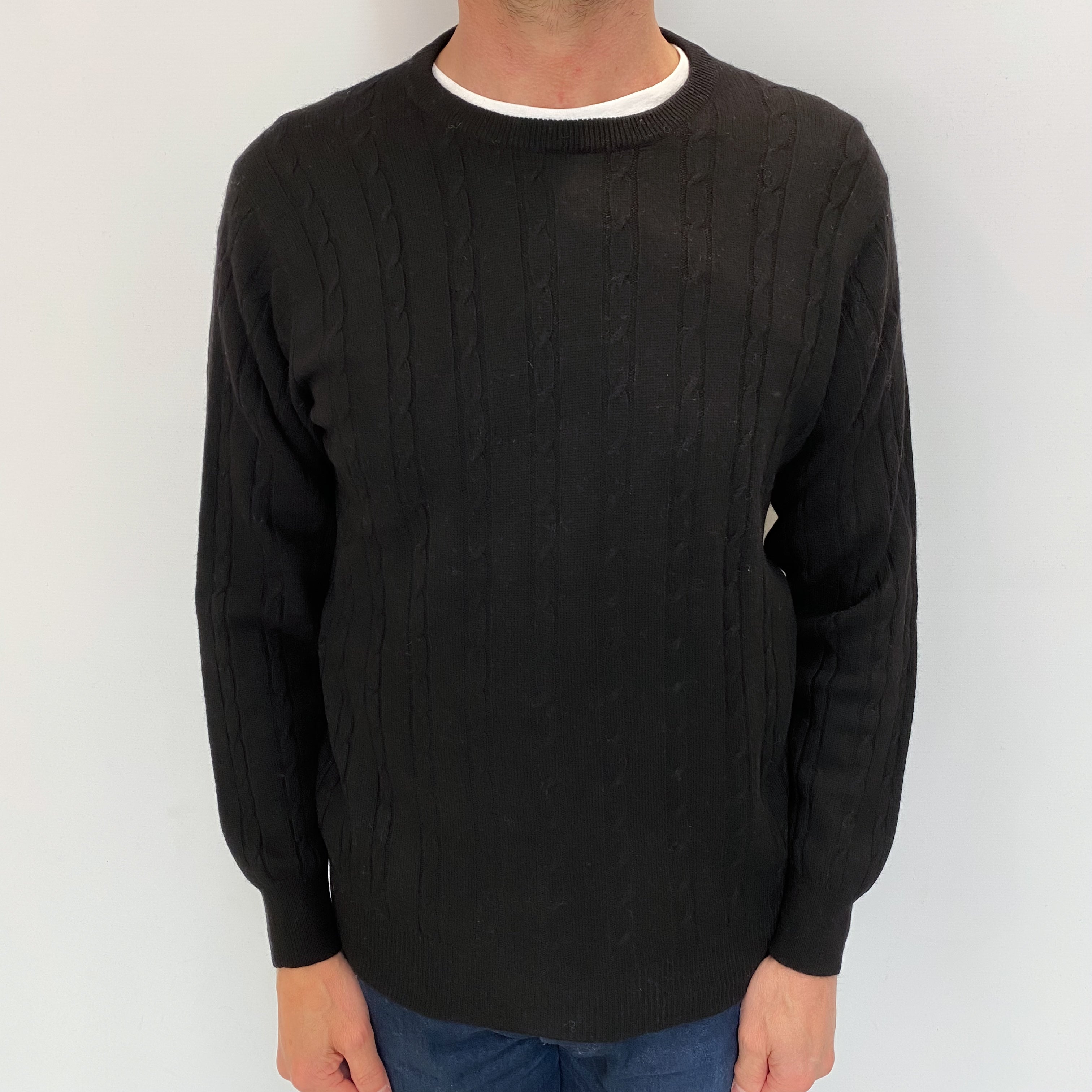 Men's Black Cashmere Crew Neck Cable Knit Jumper Small