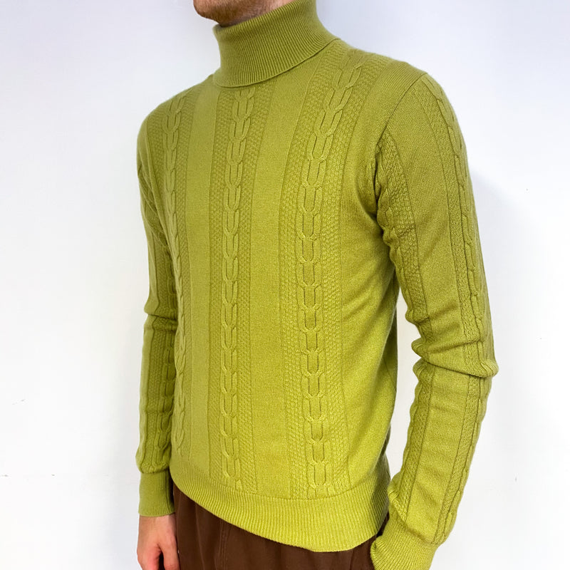 Men's Moss Green Cable Cashmere Polo Neck Jumper Medium