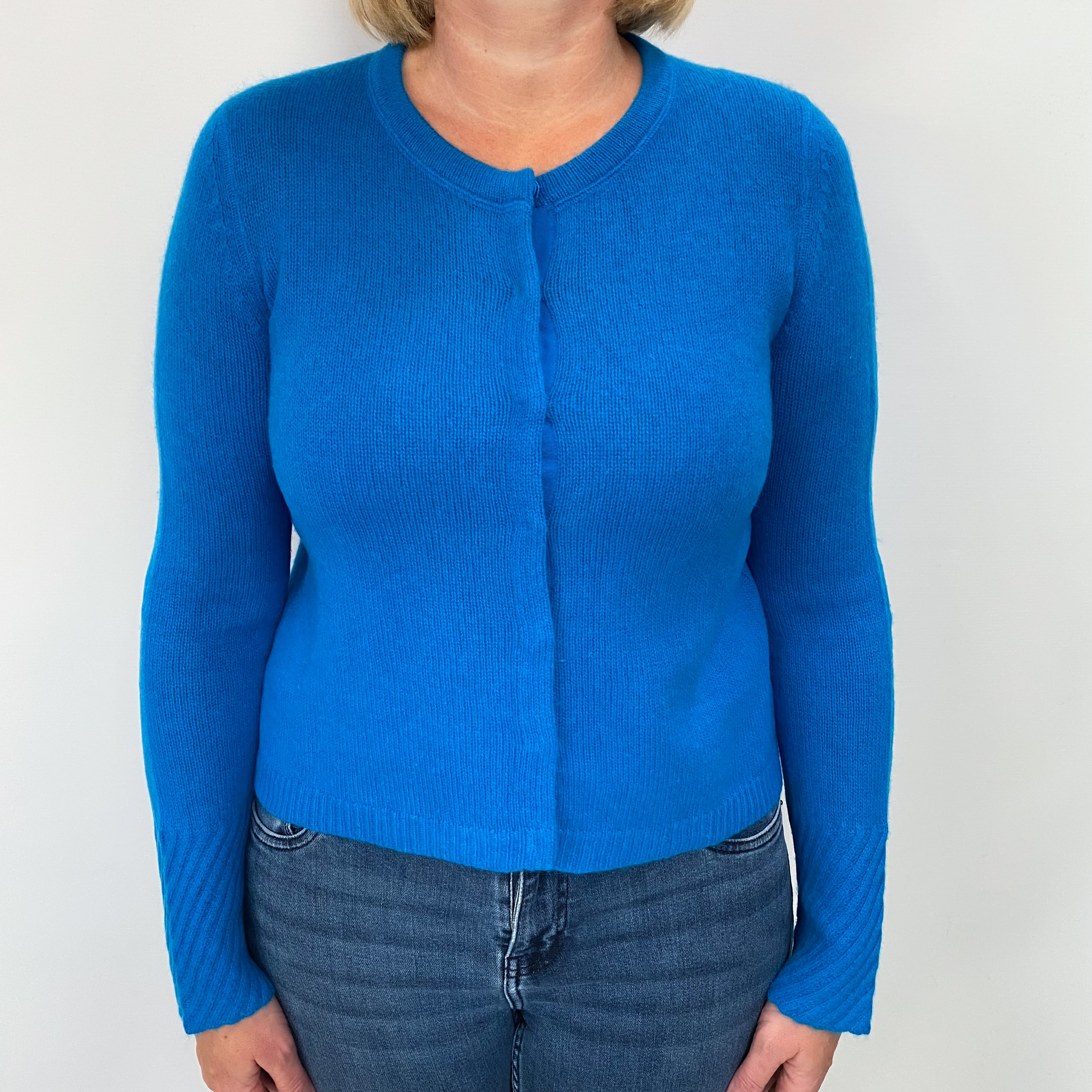 Jigsaw Bright Ocean Blue Cashmere Crew Neck Cardigan Large