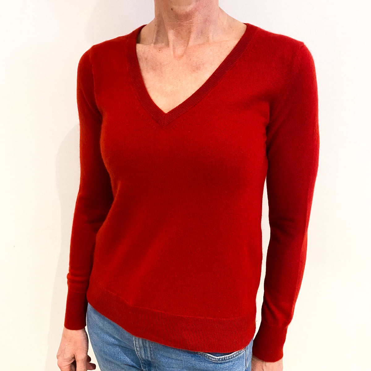 Spanish Red Cashmere V Neck Jumper Small