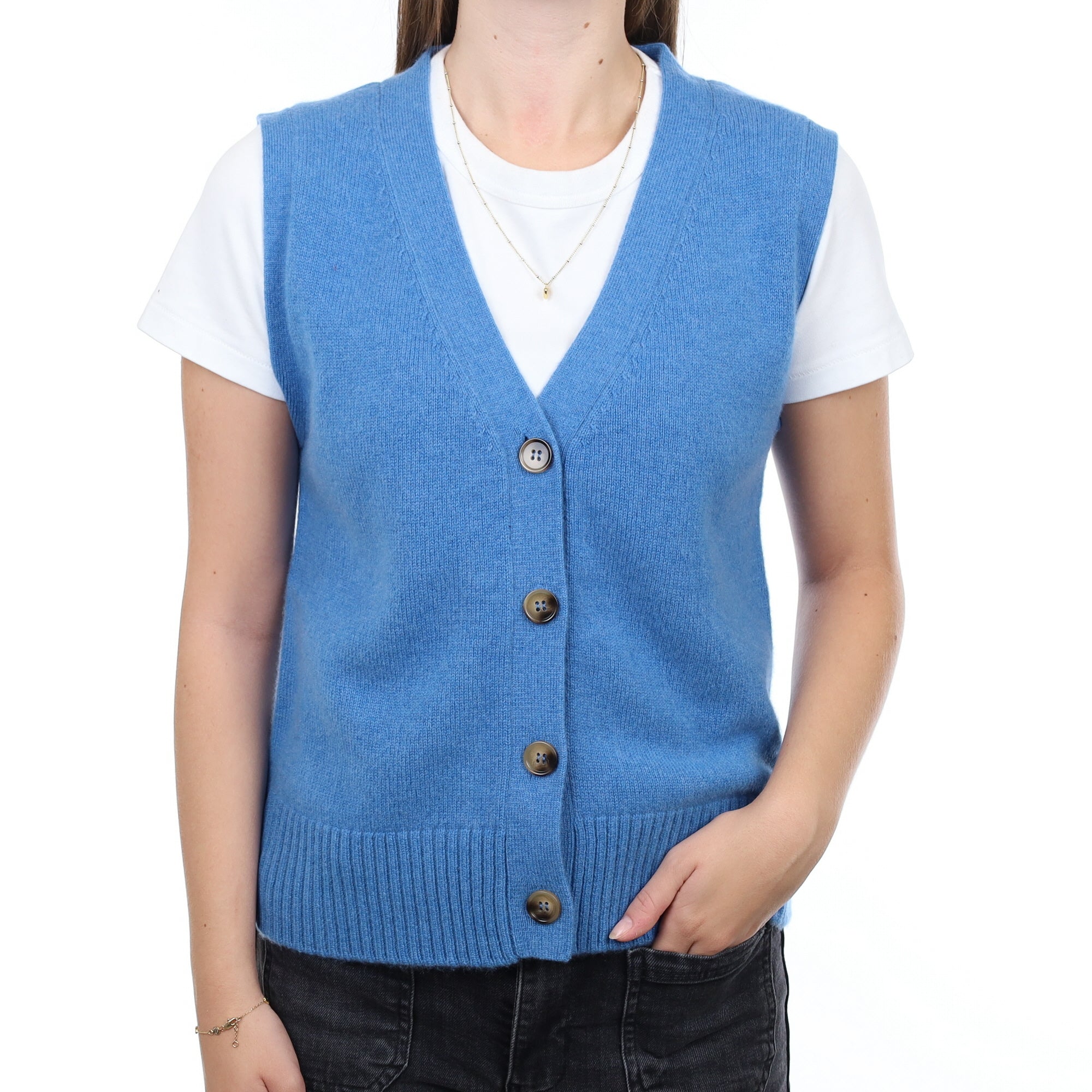 Brand New Mediterranean Blue Luxury Cashmere V Neck Waistcoat Extra Small UK 6-8