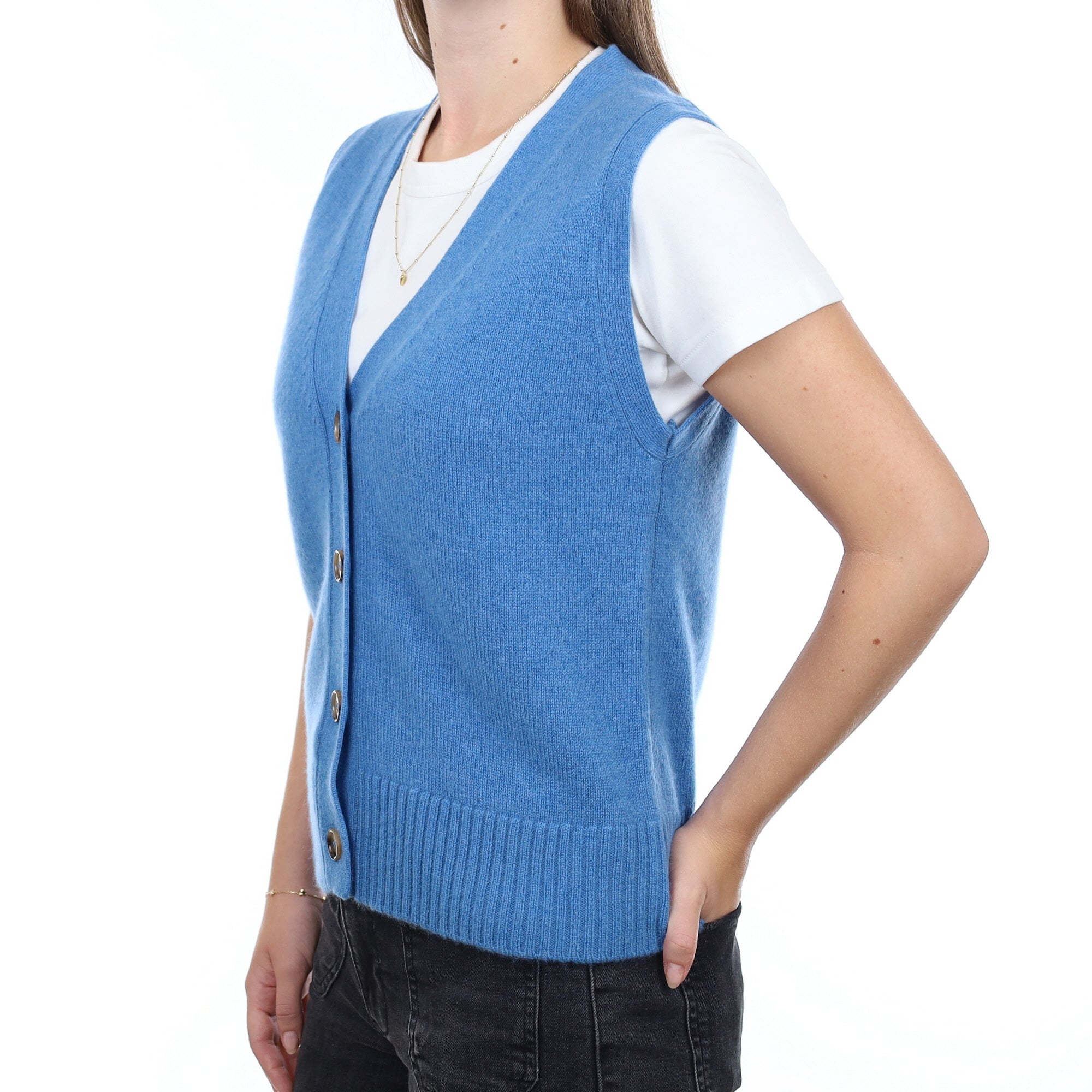Brand New Mediterranean Blue Luxury Cashmere V Neck Waistcoat Extra Small UK 6-8