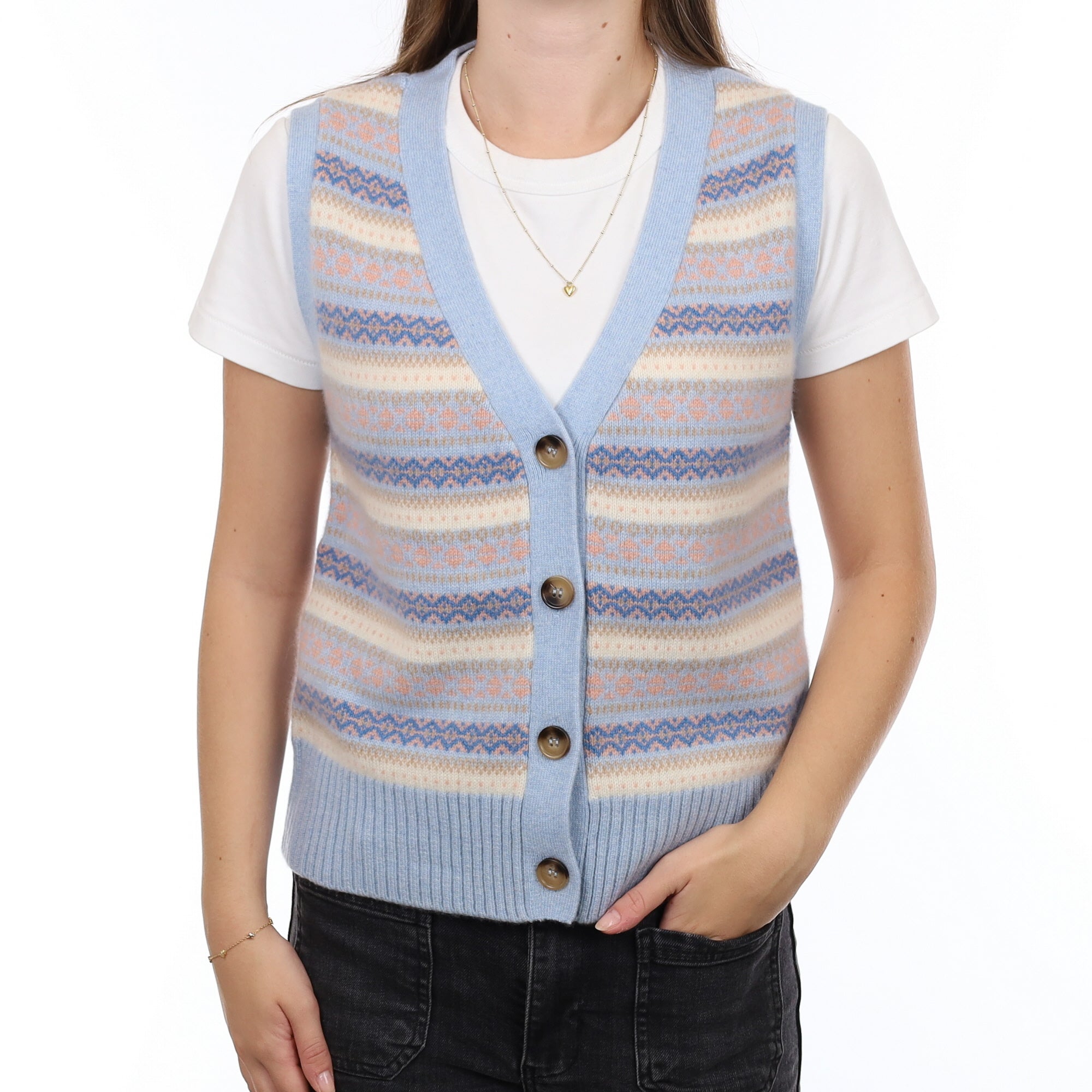 Brand New Baby Blue and Shell Pink  Fair Isle Luxury Cashmere V Neck Waistcoat Extra Small UK 6-8