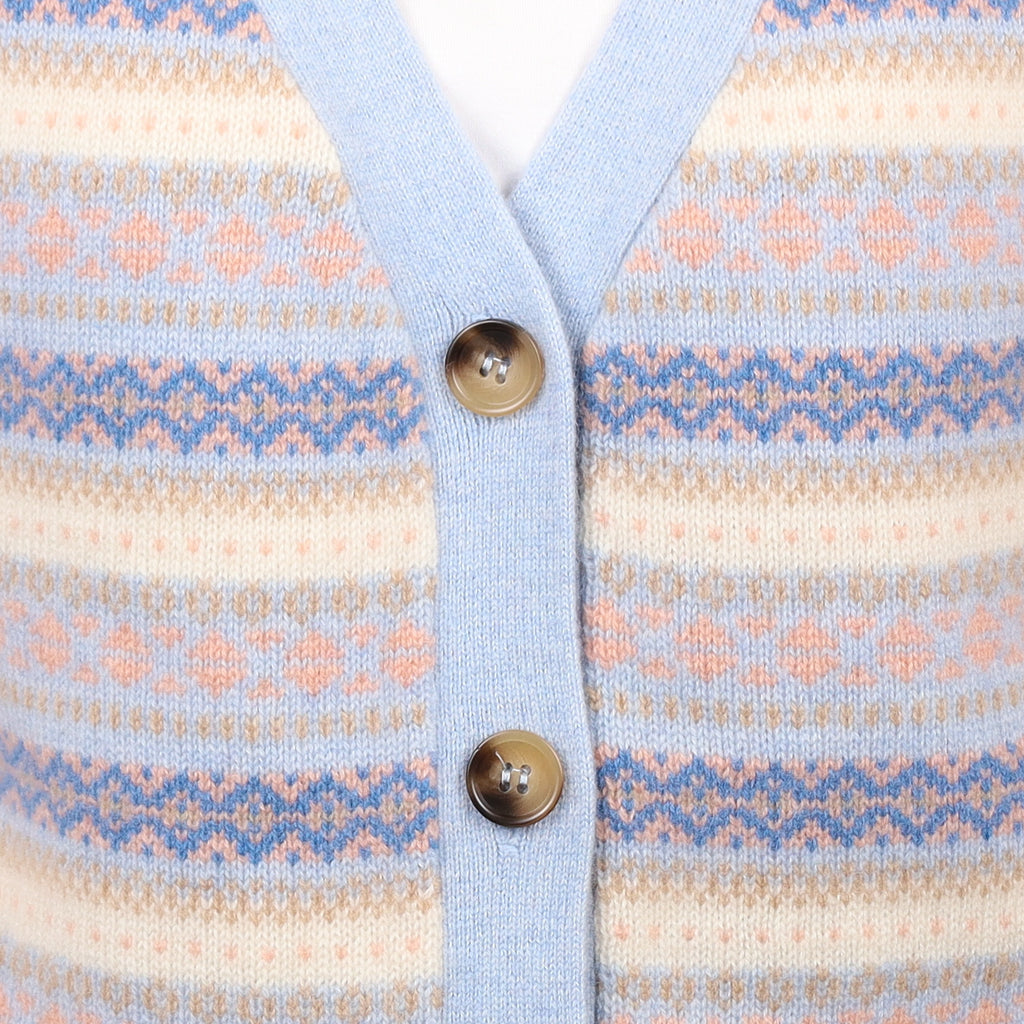 Brand New Baby Blue and Shell Pink Fair Isle Luxury Cashmere V Neck Waistcoat Extra Large UK 20-22