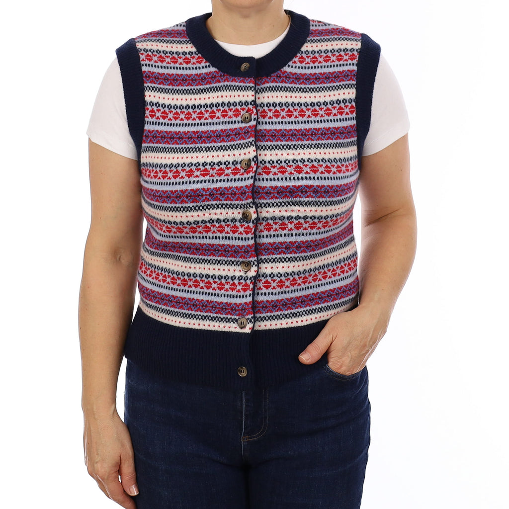 Brand New Navy and Red Fair Isle Luxury Cashmere Crew Neck Waistcoat Extra Large UK 20-22