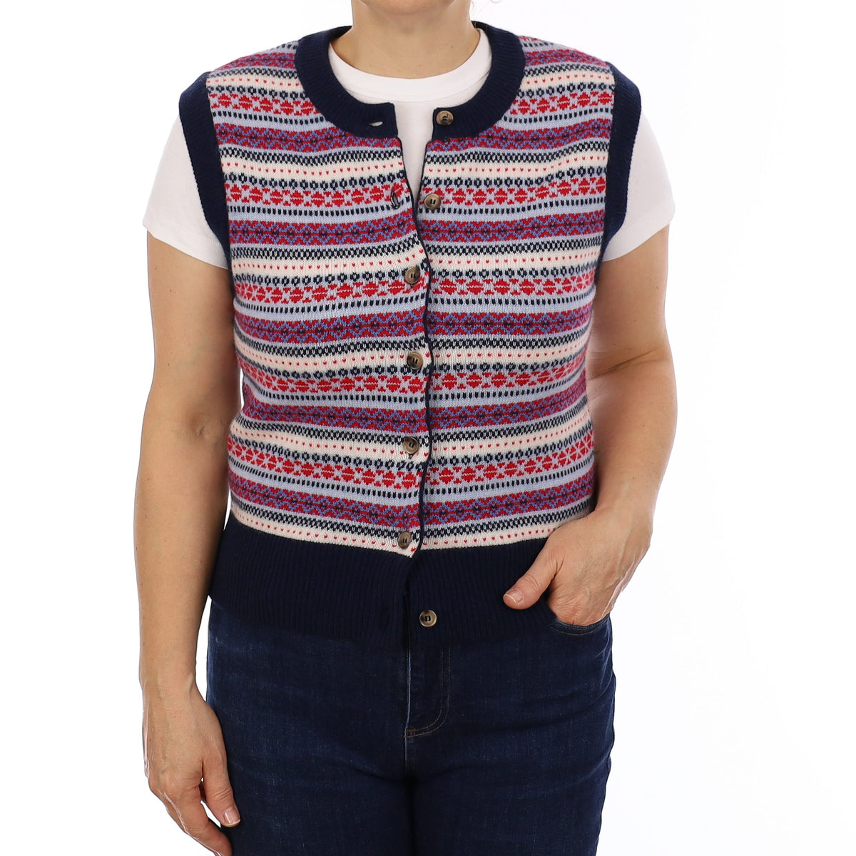 Brand New Navy and Red Fair Isle Luxury Cashmere Crew Neck Waistcoat Extra Large UK 20-22