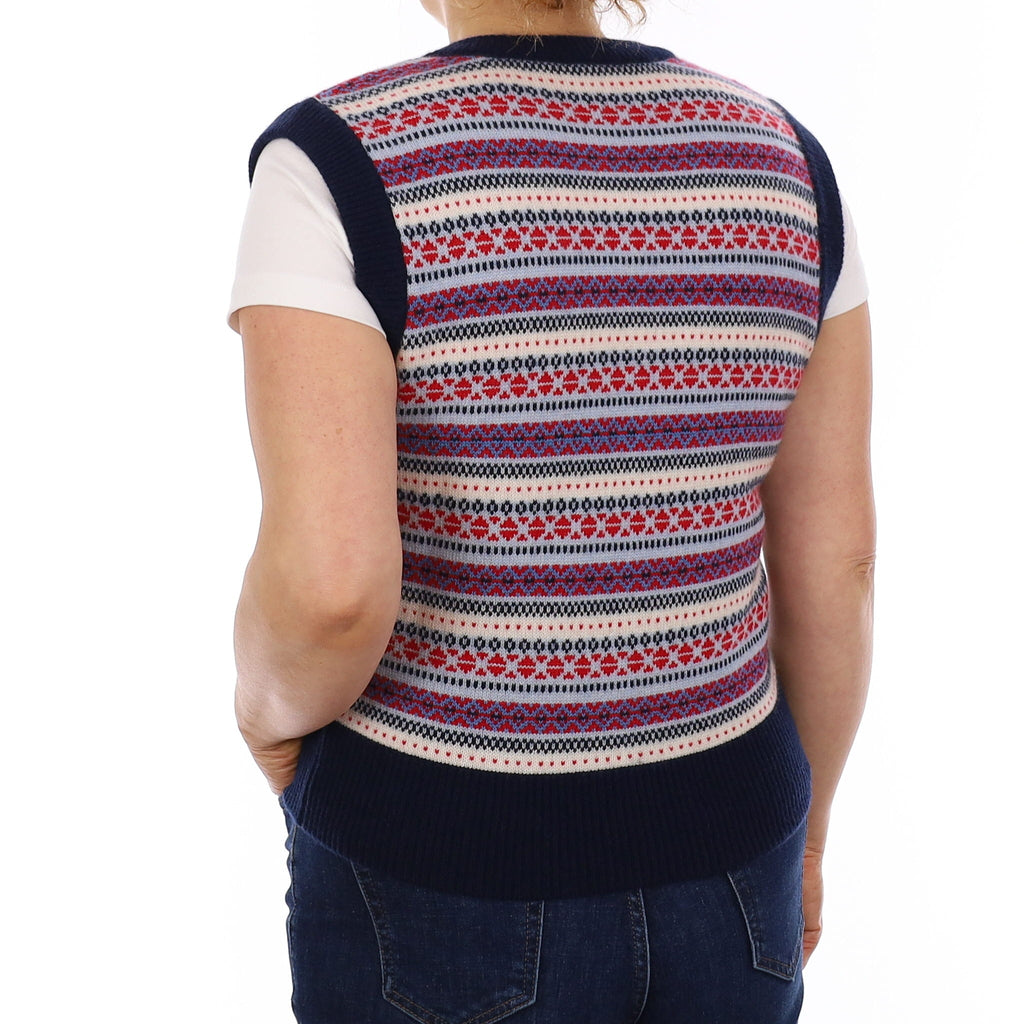 Brand New Navy and Red Fair Isle Luxury Cashmere Crew Neck Waistcoat Extra Large UK 20-22