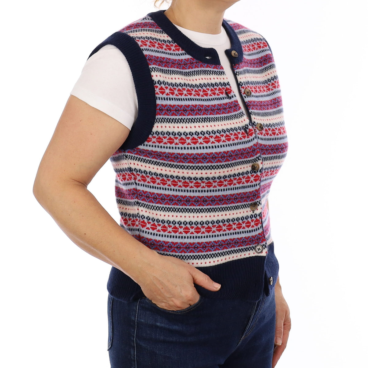 Brand New Navy and Red Fair Isle Luxury Cashmere Crew Neck Waistcoat Extra Large UK 20-22