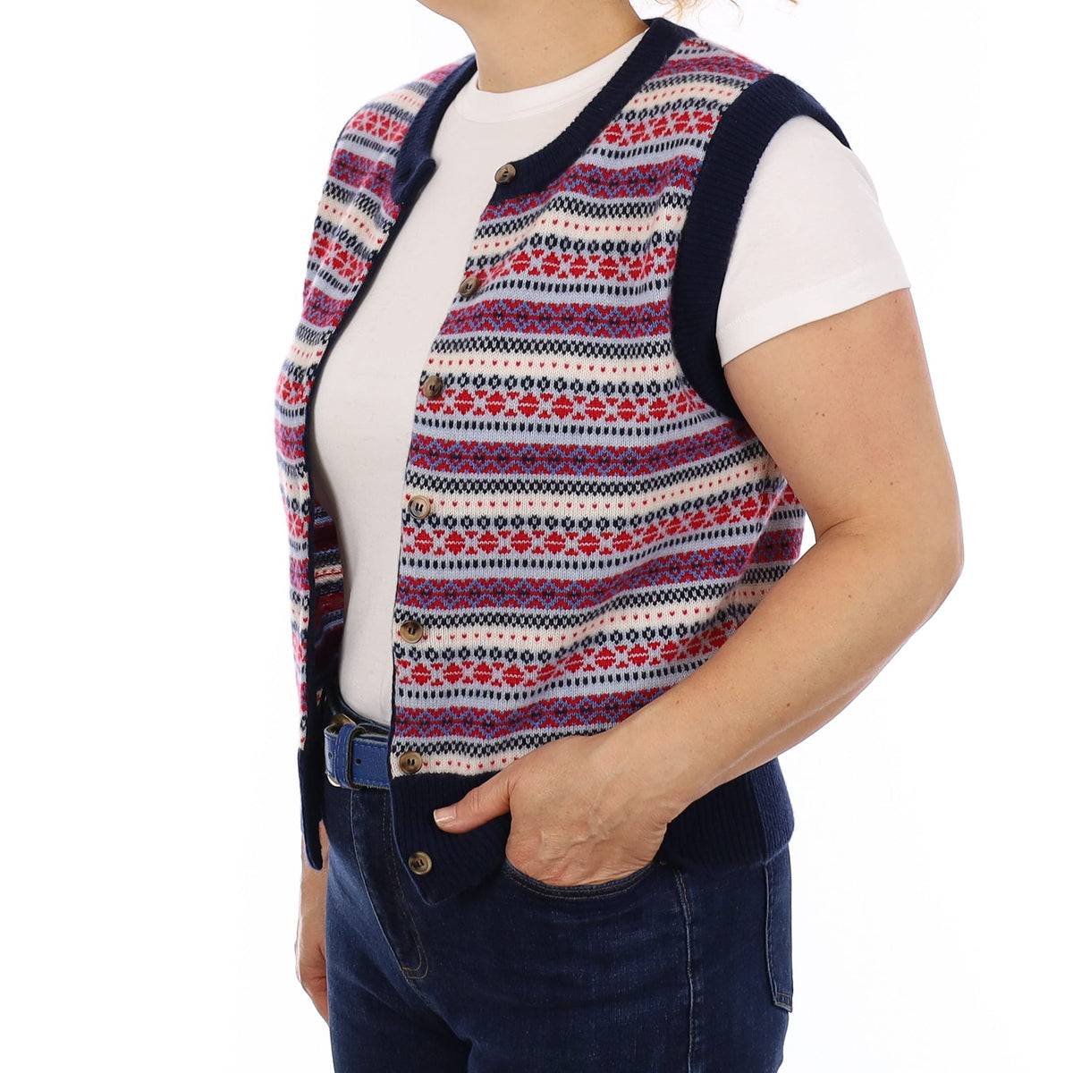 Brand New Navy and Red Fair Isle Luxury Cashmere Crew Neck Waistcoat Extra Large UK 20-22
