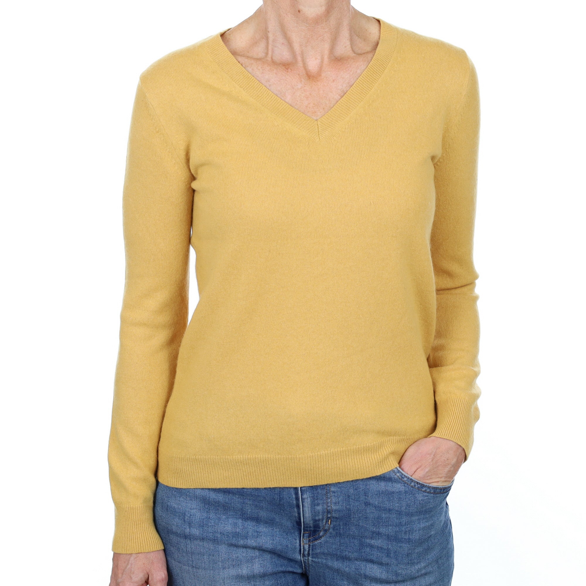 Flaxen Yellow Cashmere V Neck Jumper Small