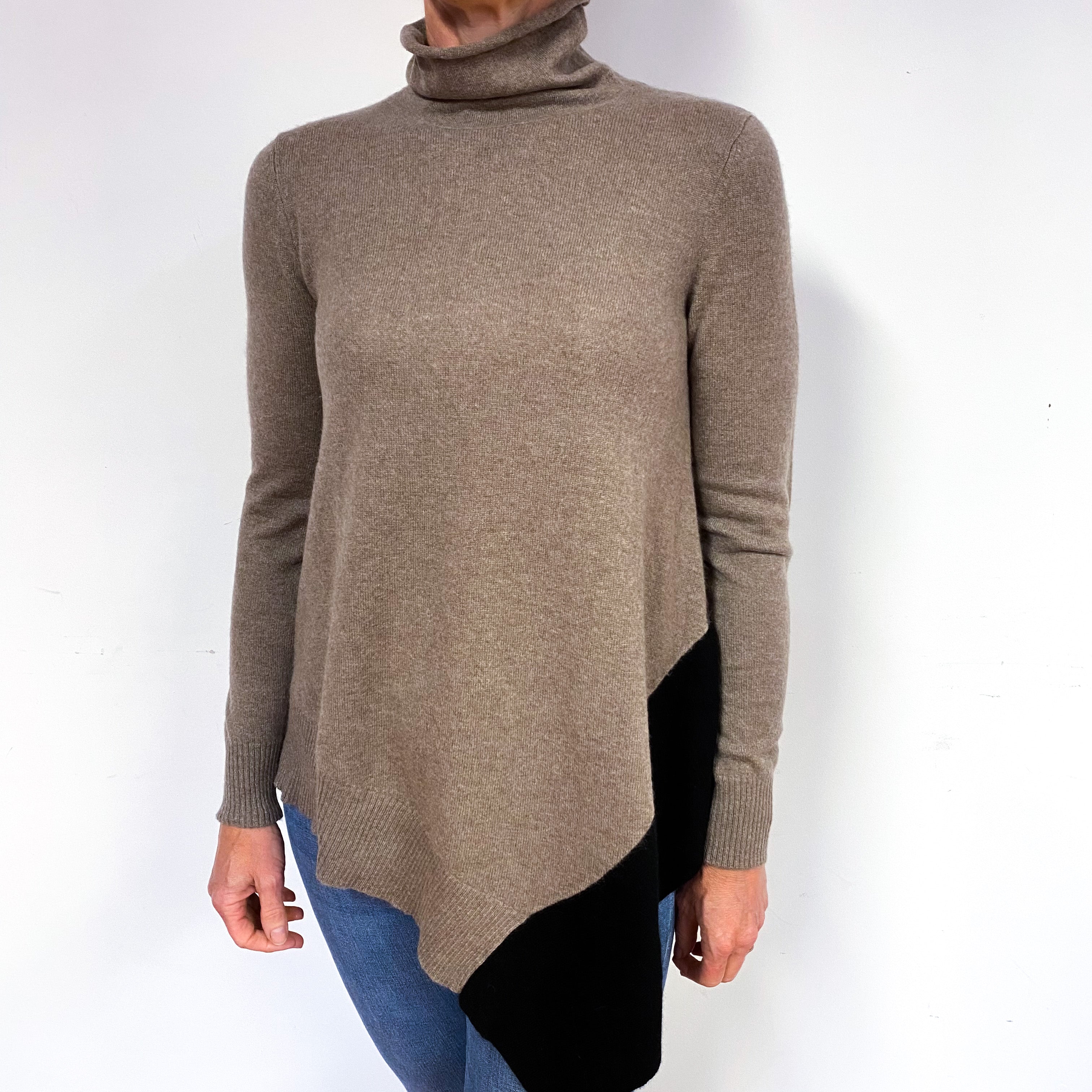 Mocha Brown Handkerchief Hem Cashmere Funnel Neck Jumper Medium