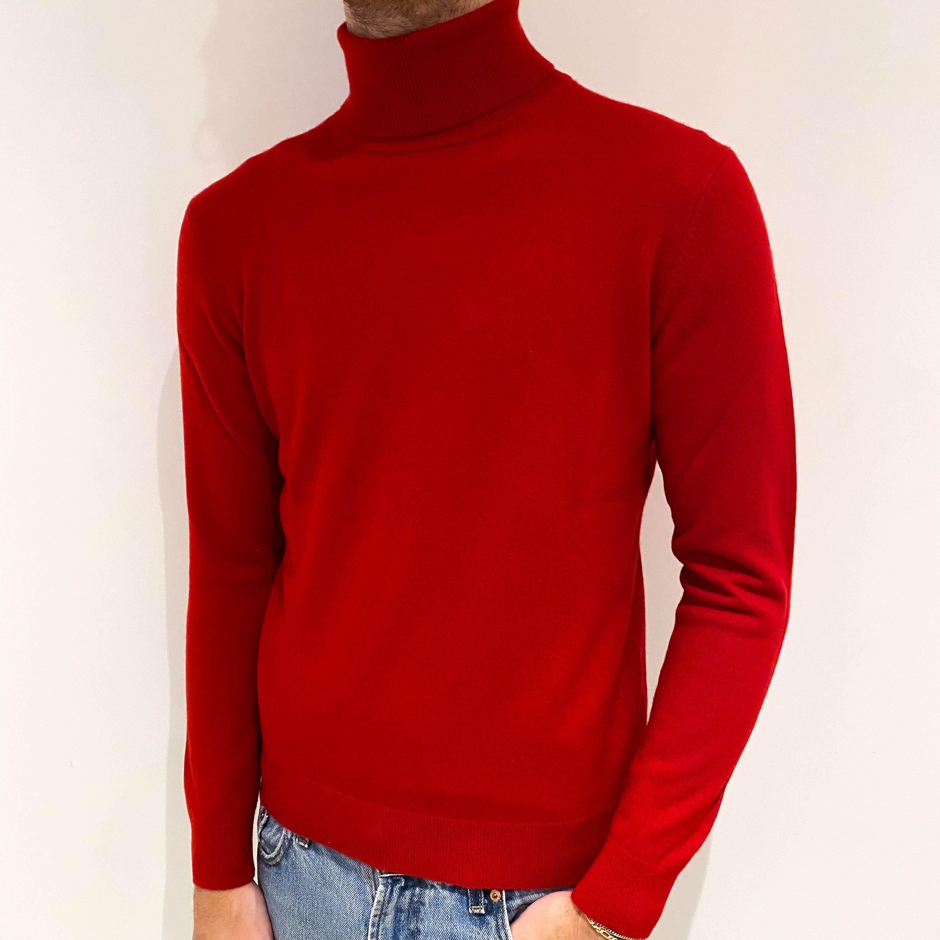 Men's Red Cashmere Polo Neck Jumper Large