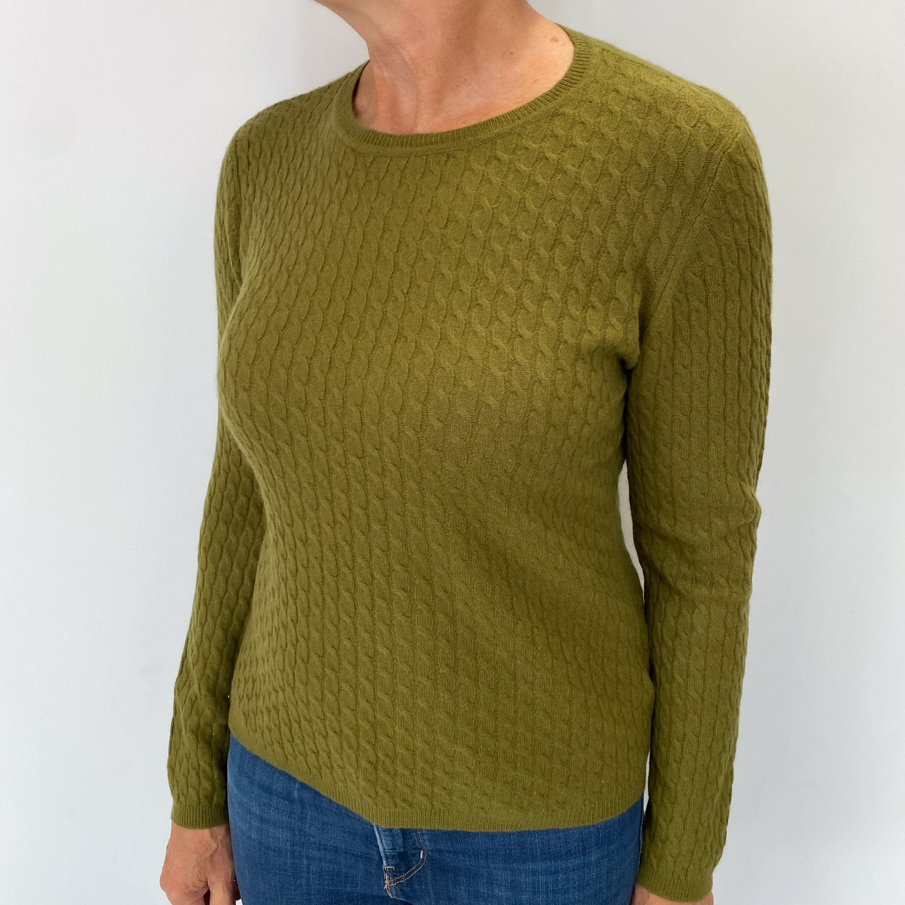 Moss Green Cable Cashmere Crew Neck Jumper Medium