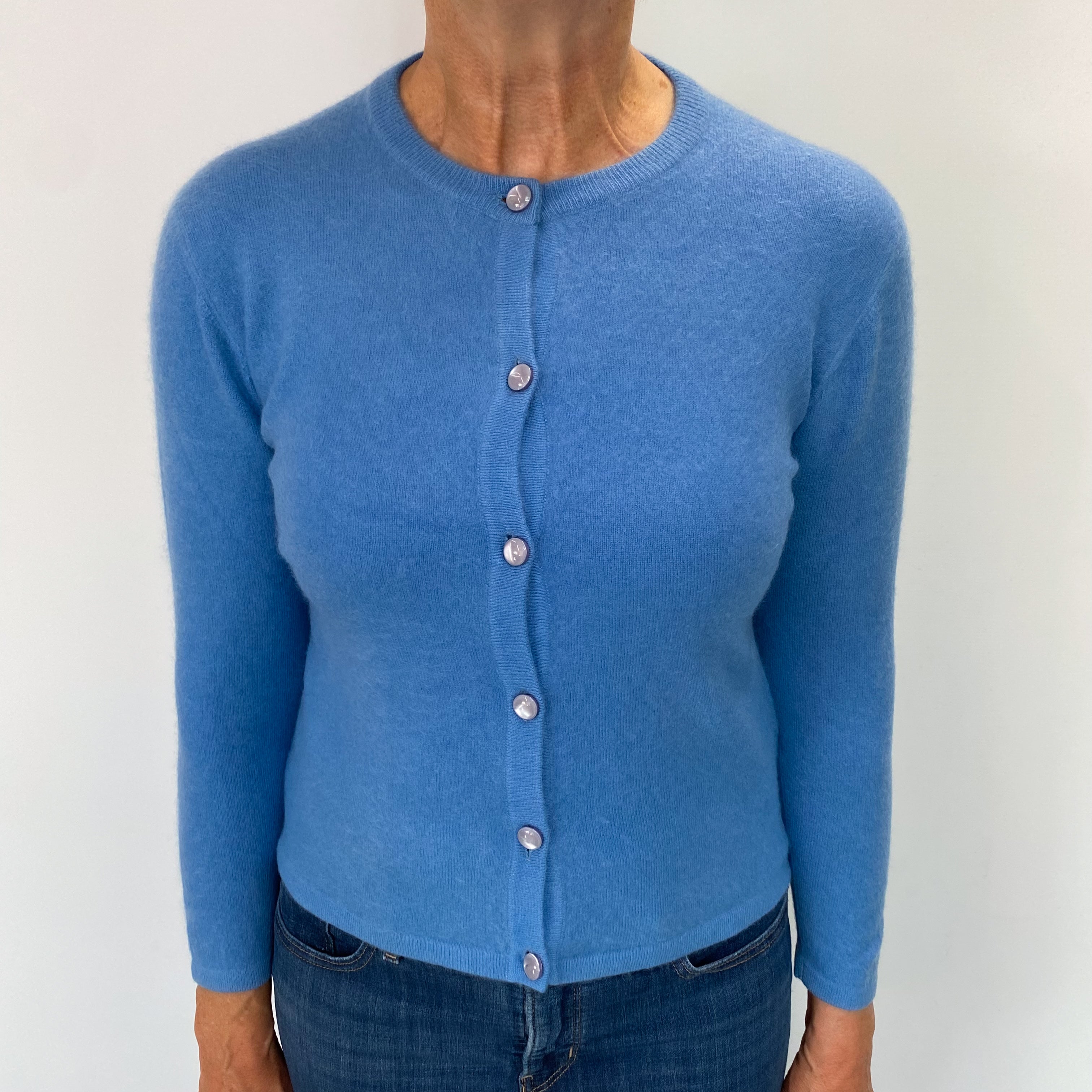 Cornflower Blue Cashmere Crew Neck Cardigan Medium