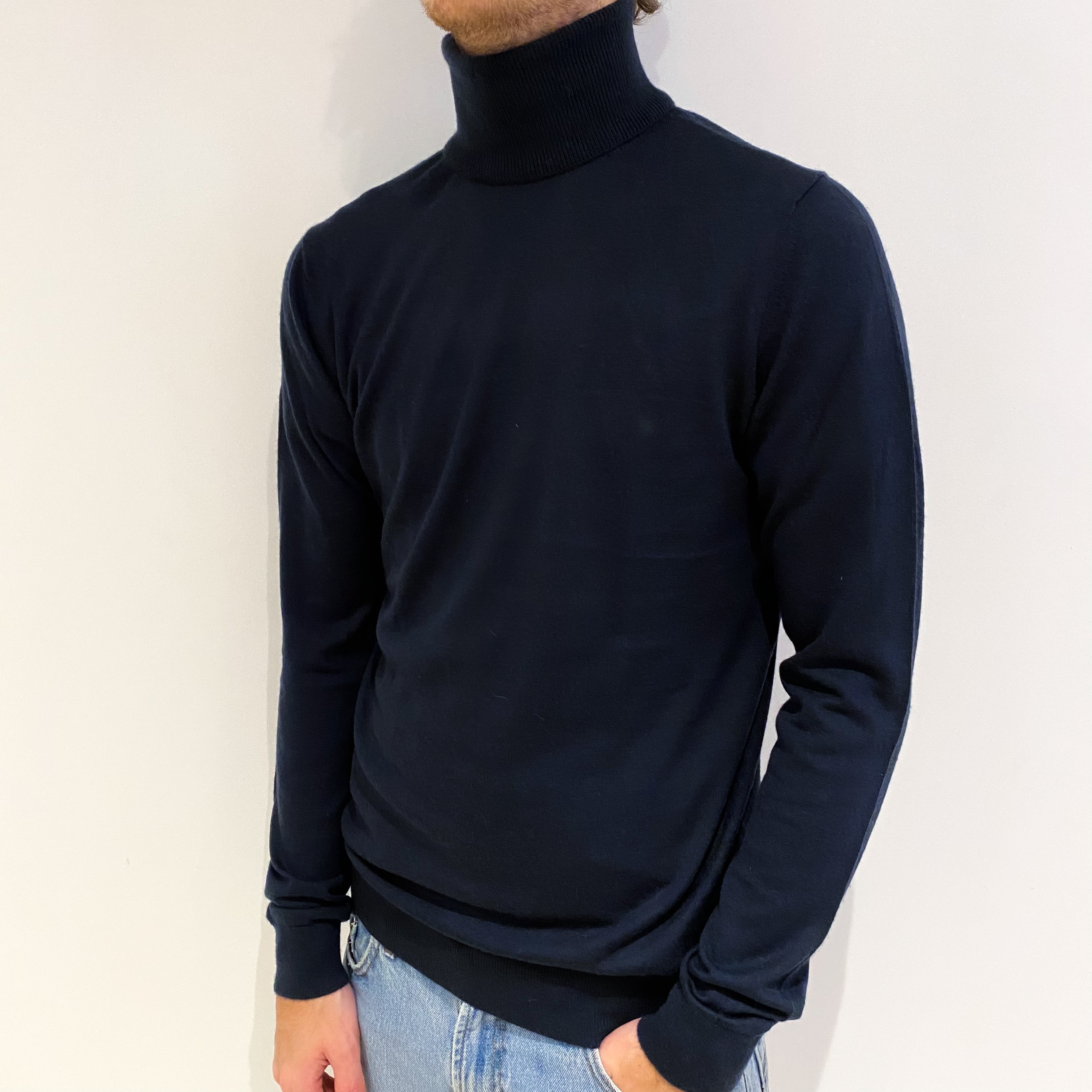 Men's Navy Cashmere Polo Neck Jumper Medium