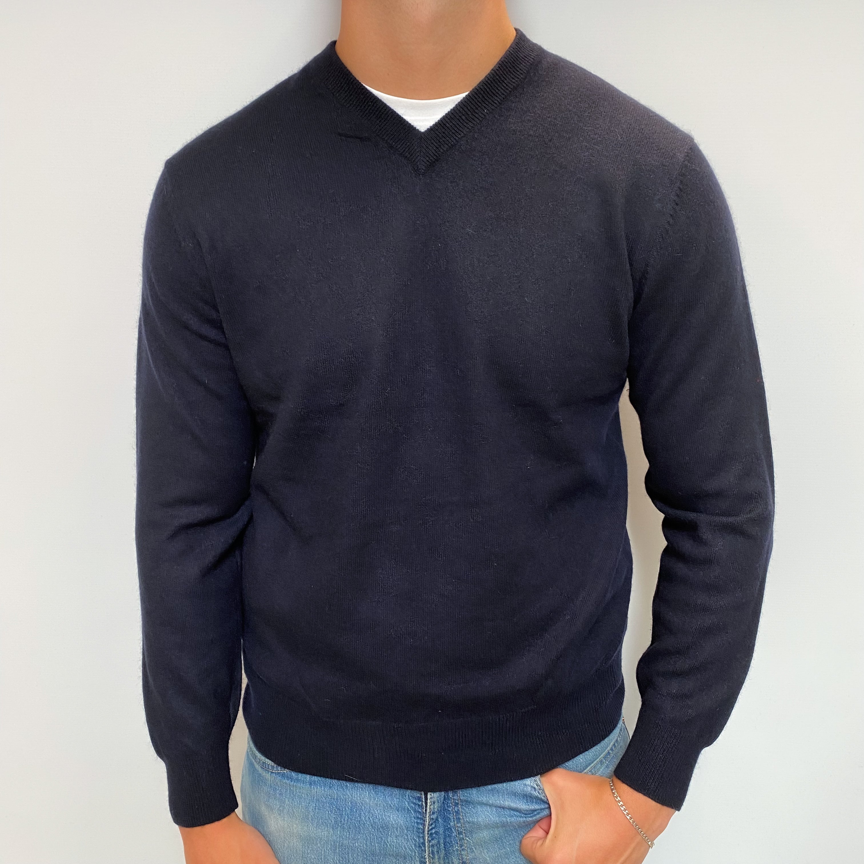 Men's Navy Blue Cashmere V Neck Jumper XL