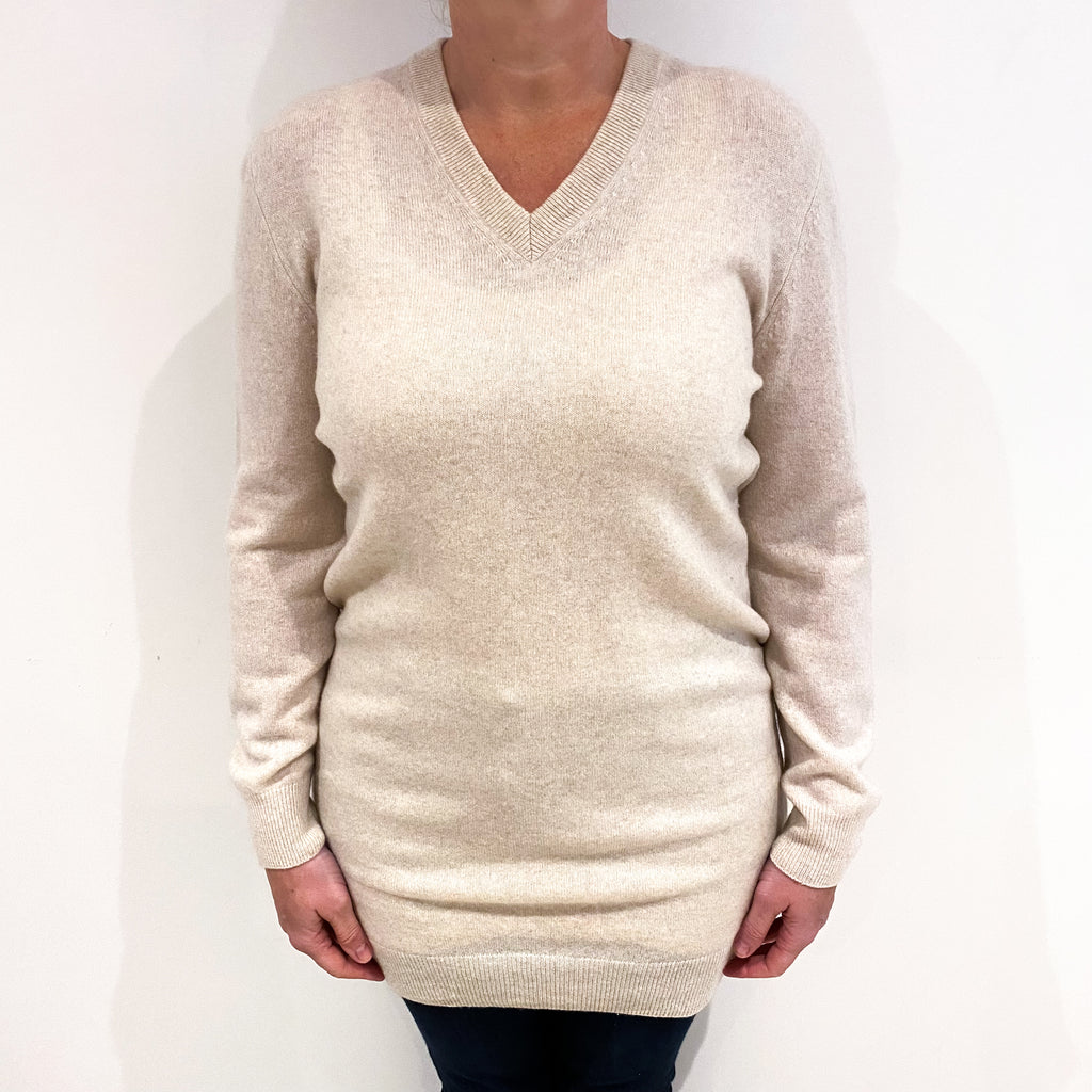 Oatmeal Cashmere V Neck Jumper with Elbow Patches Large