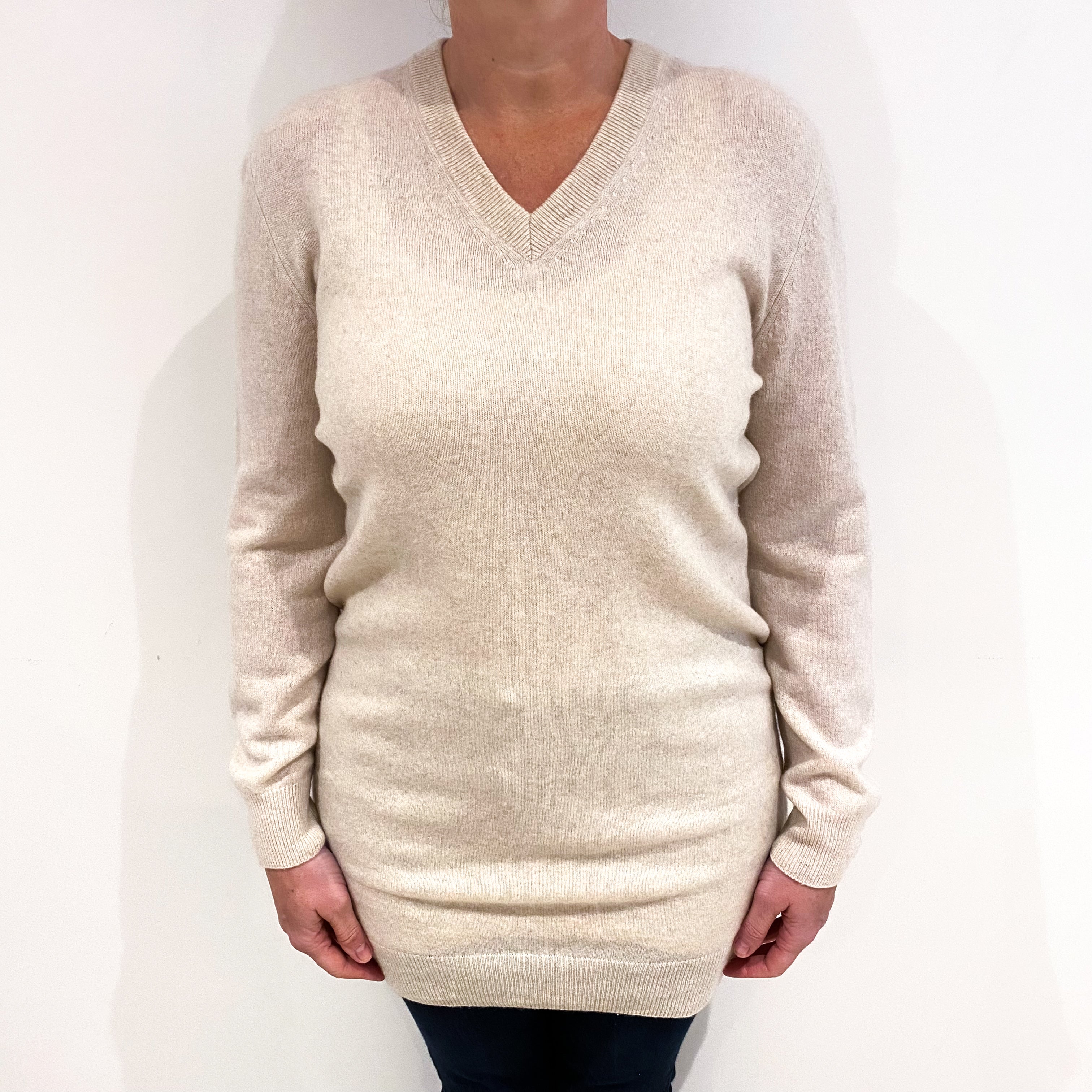 Oatmeal Cashmere V Neck Jumper with Elbow Patches Large