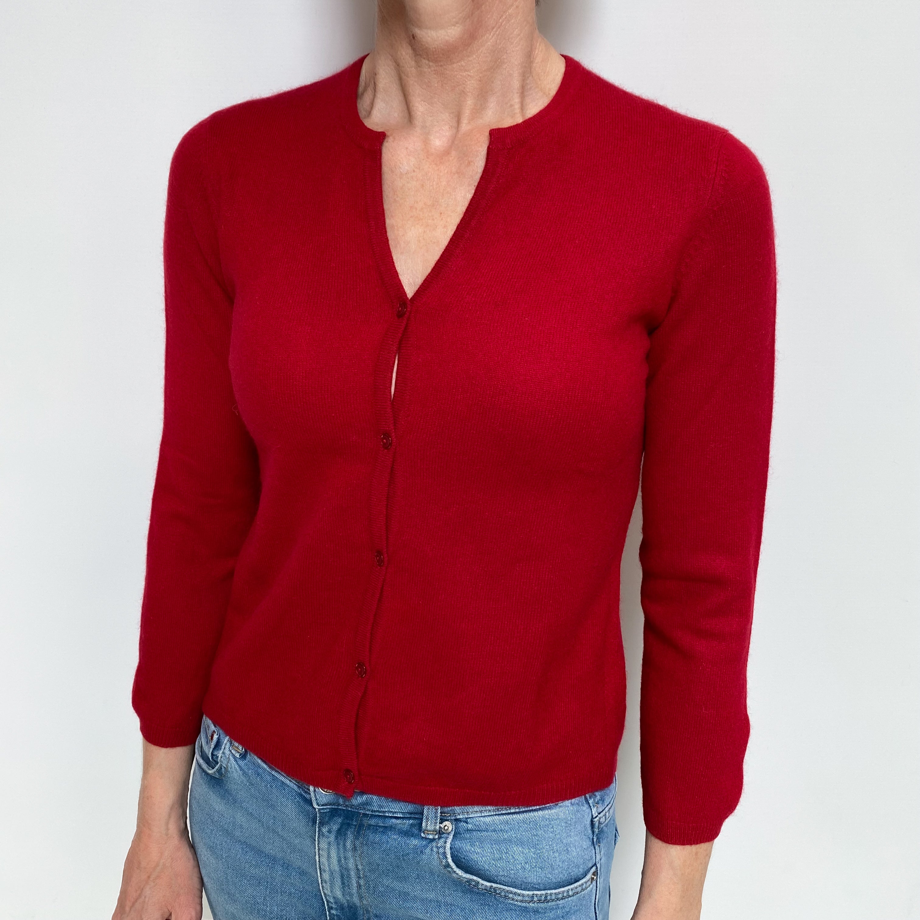 Post Box Red Cashmere Notch Neck Cardigan Small