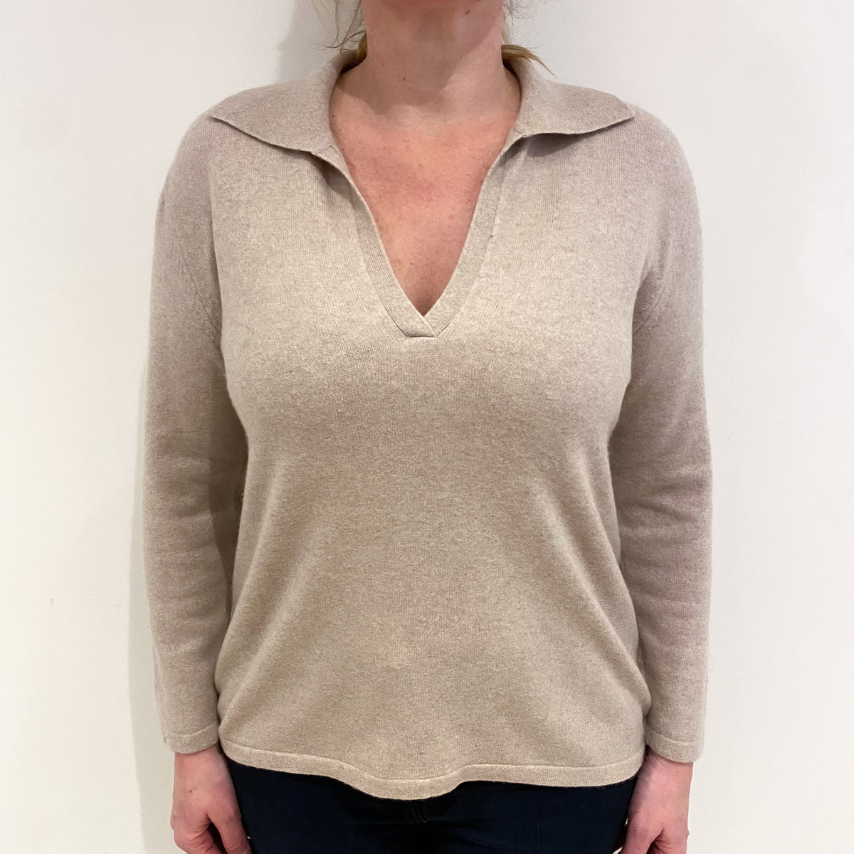 Biscuit Beige Cashmere Collared V Neck Jumper Large