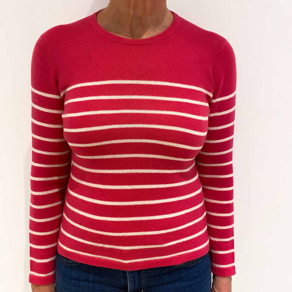 Rose Pink and Winter White Striped Cashmere Crew Neck Jumper Medium