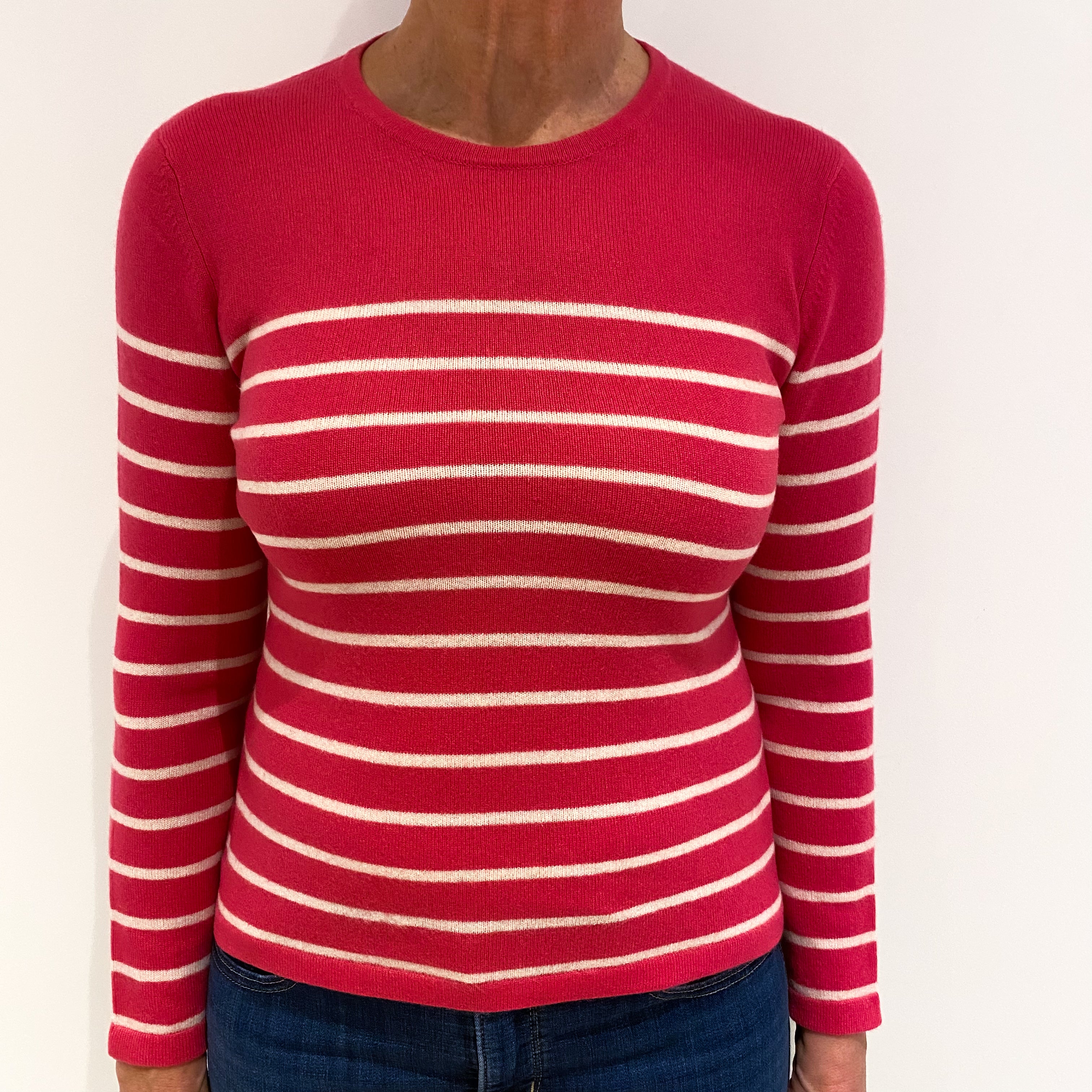 Rose Pink and Winter White Striped Cashmere Crew Neck Jumper Medium