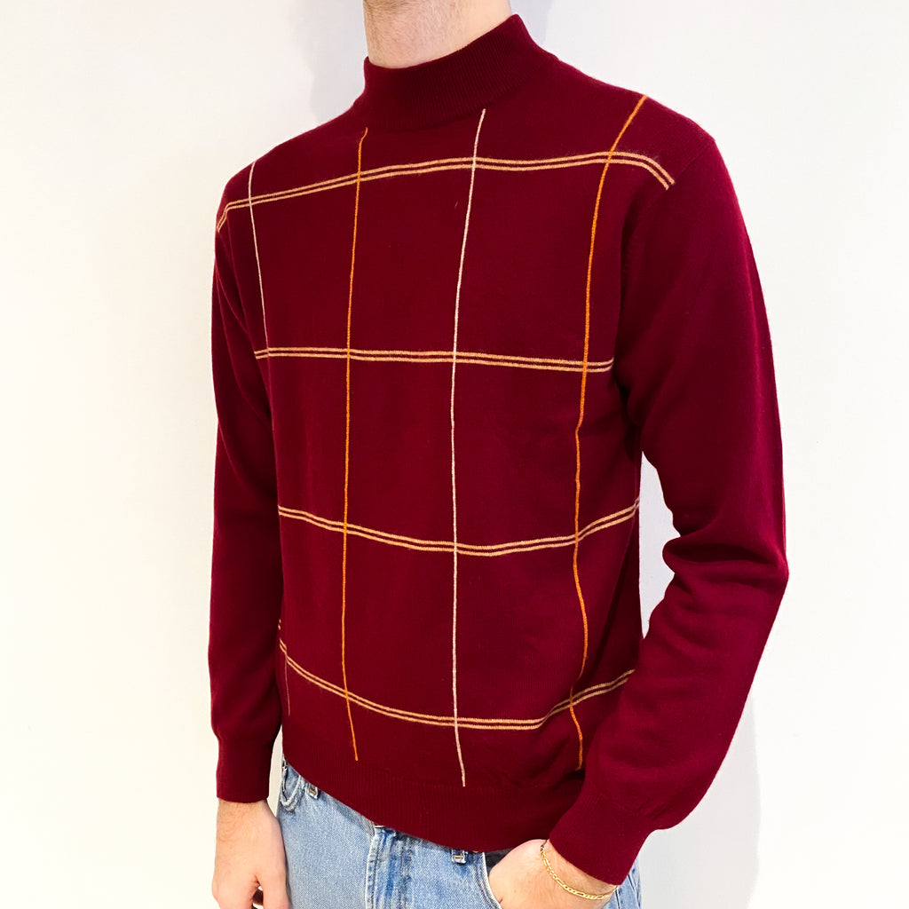 Men's Burgundy Red Patterned Cashmere Turtle Neck Jumper Medium