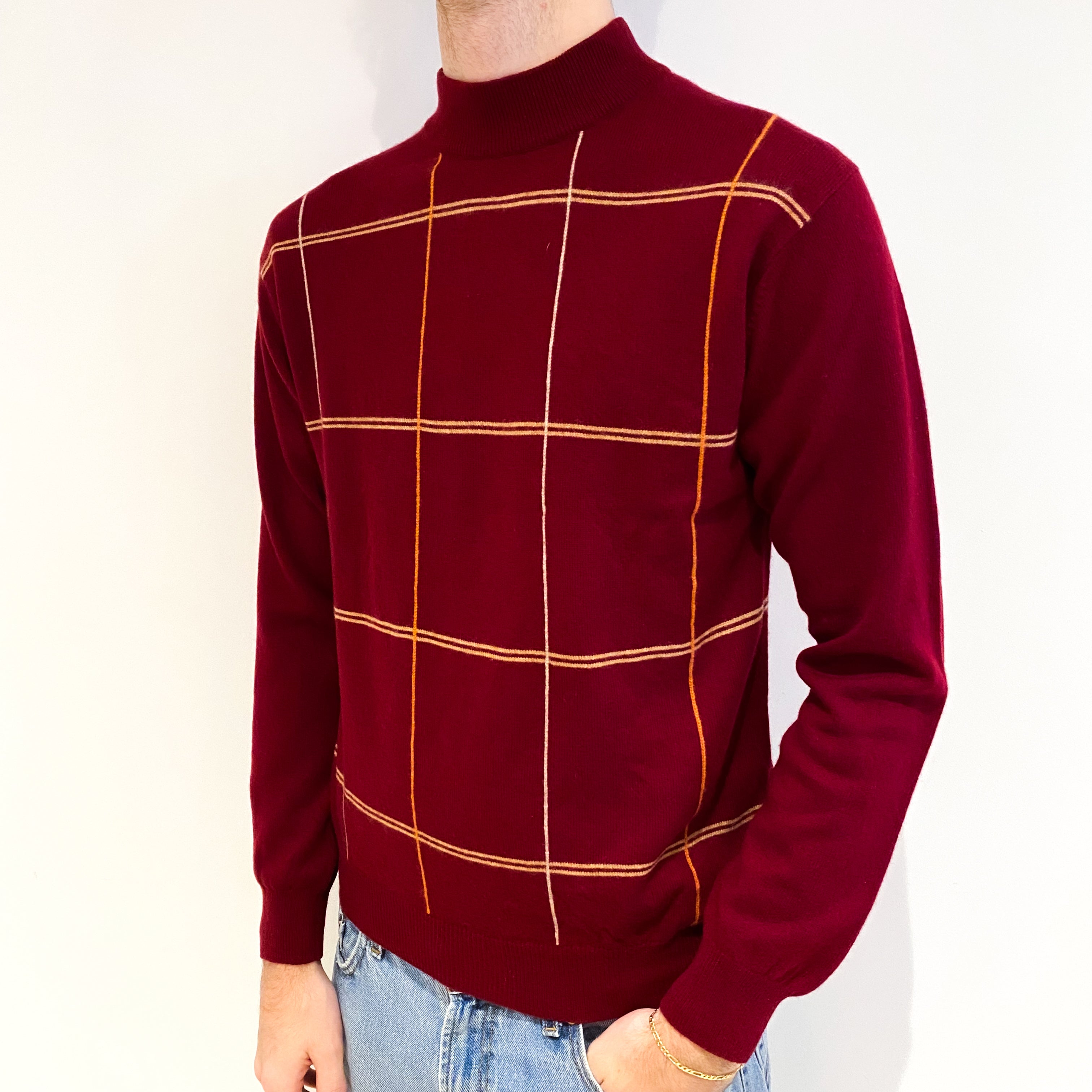 Men's Burgundy Red With Orange And Beige Stripe Cashmere Turtle Neck Jumper Medium