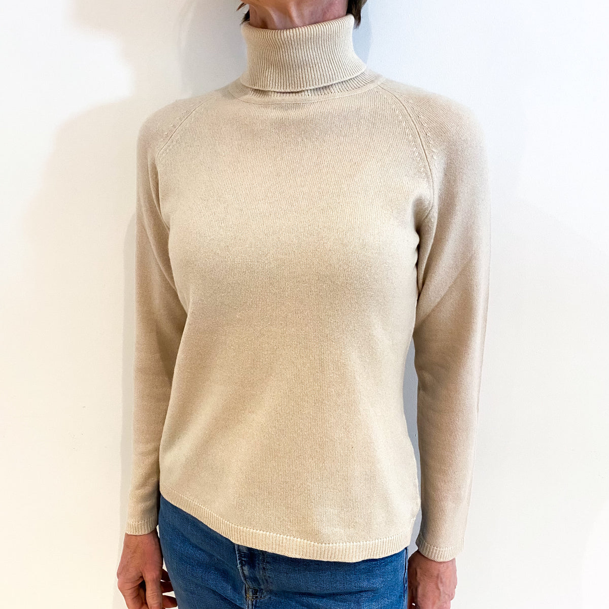 Soft Beige Cashmere Polo Neck Jumper Small