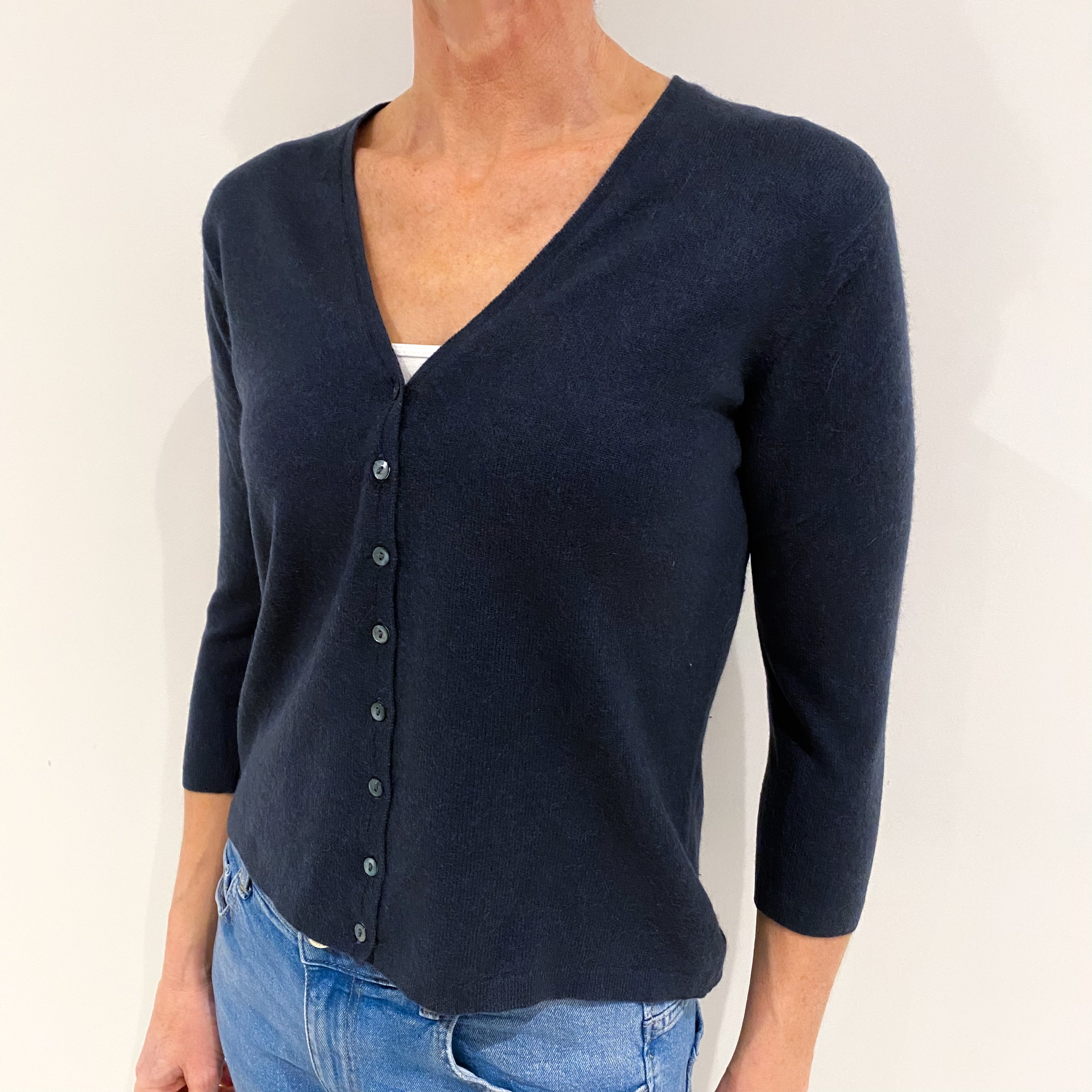 Brora Navy Blue Cashmere V Neck Cardigan Small