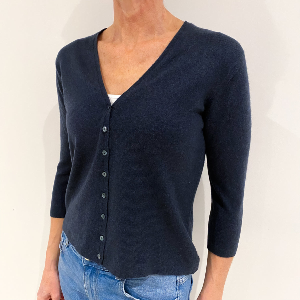 Brora Navy Blue Cashmere V Neck Cardigan Small